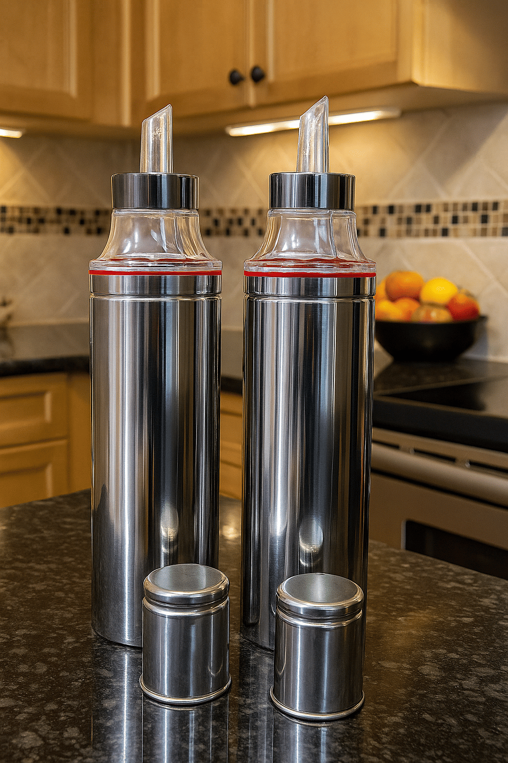 STEEPLE Oil Dispenser Steel Silver Oil Container ( Set of 2 )