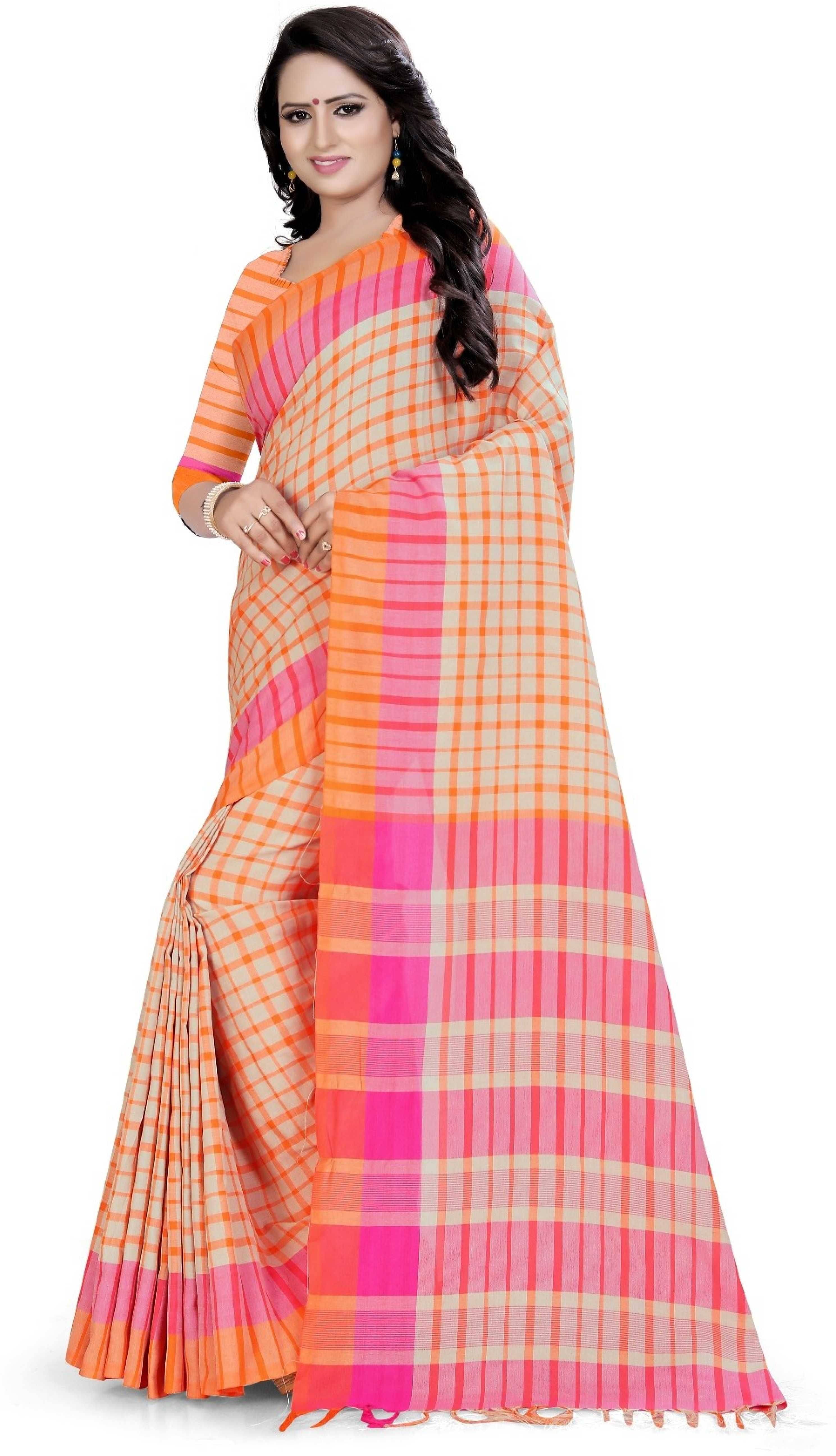 Spetila Cotton Striped Regular Saree With Unstitched Blouse Piece ( Orange )     			Spetila Cotton Striped Regular Saree With Unstitched Blouse Piece ( Orange )