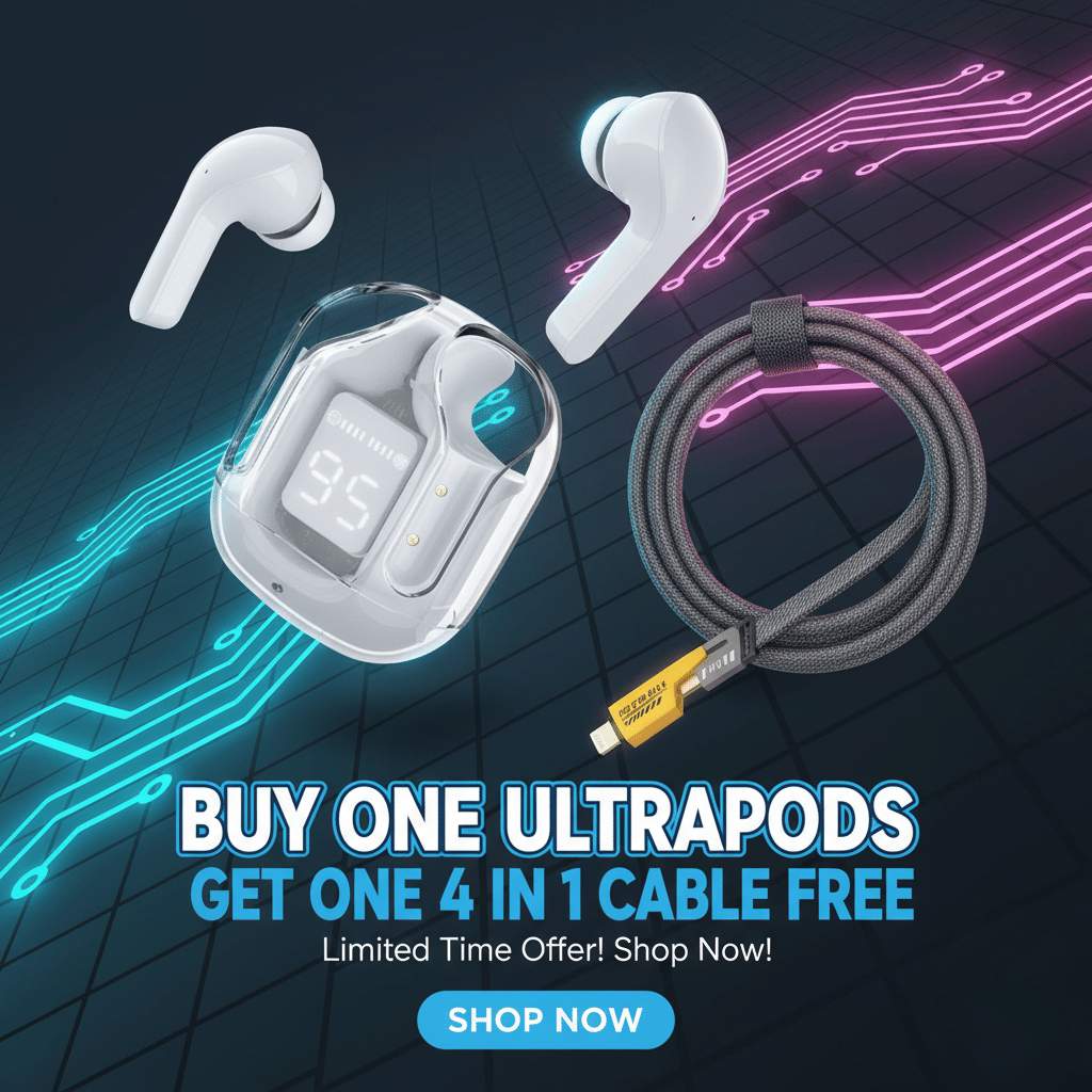     			Tws Ultrapods display bluetooth, Earbuds Pro + 4 in 1 data fast cable ,  Bluetooth Headphone + 4  in 1 charging cable