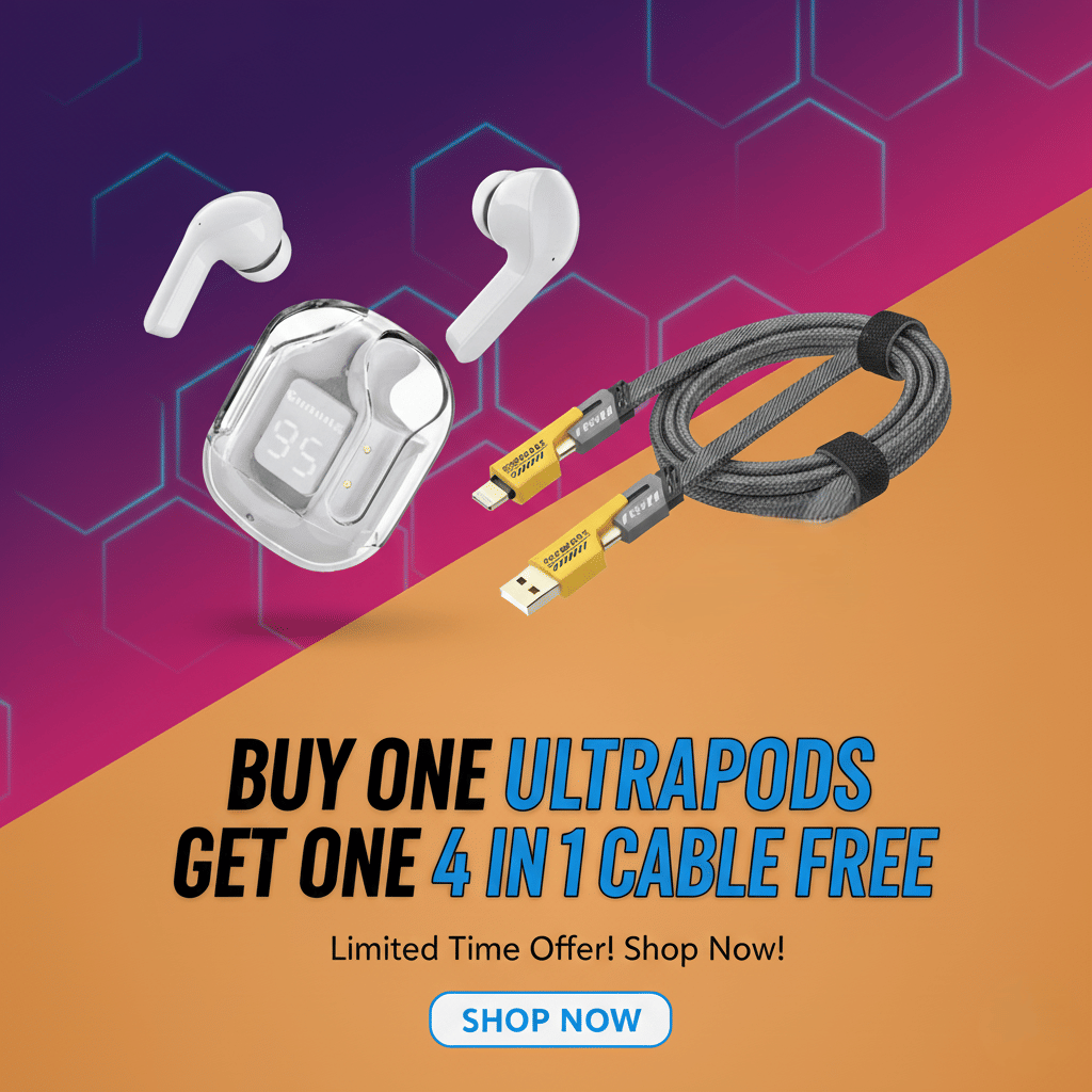     			Tws Ultrapods display bluetooth, Earbuds Pro + 4 in 1 data fast cable ,  Bluetooth Headphone + 4  in 1 charging cable