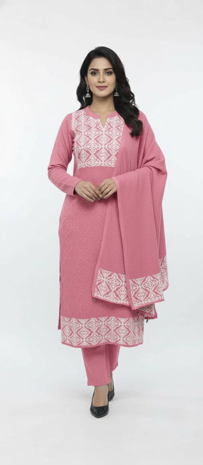 WOOL'S KART Women Woollen Printed A-line Kurti With Palazzo ( Pink )