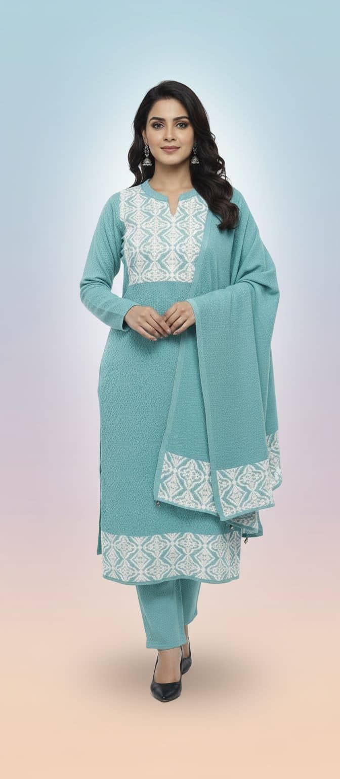 WOOL'S KART Women Woollen Printed A-line Kurti With Palazzo ( Blue )