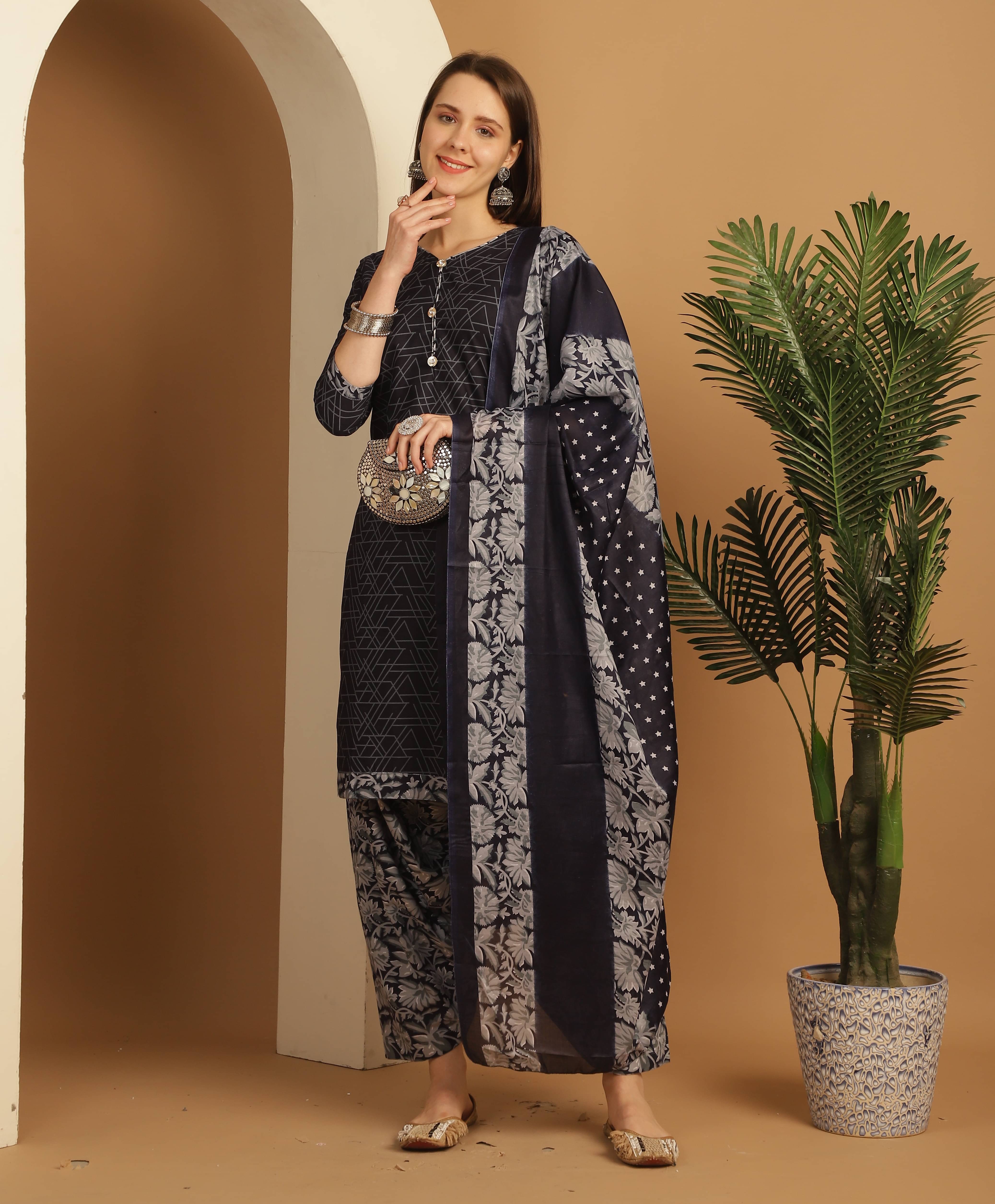     			Wonder Weaves Women Cotton Blend Printed Straight Kurti With Patiala Salwar ( Blue )