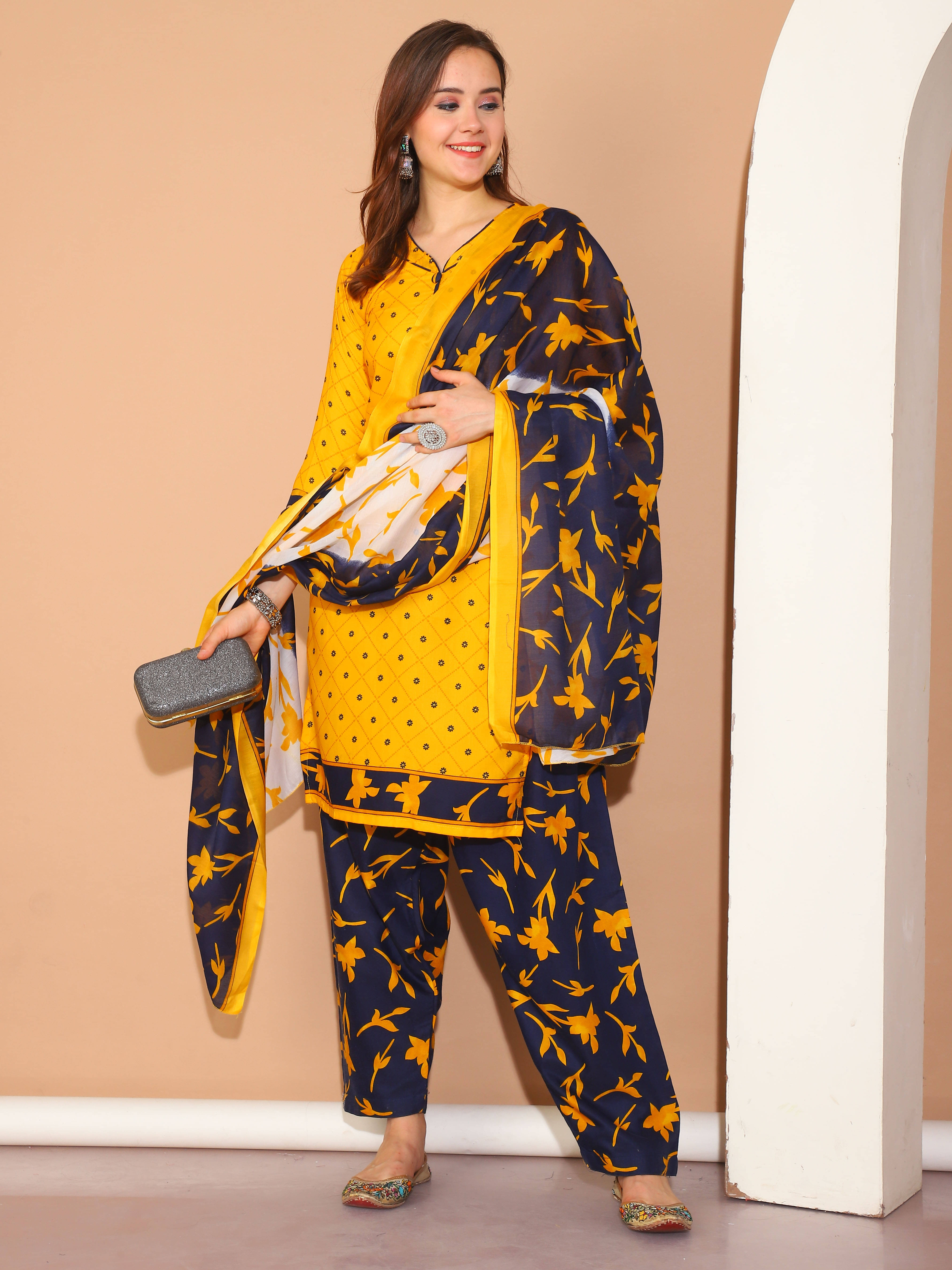 Wonder Weaves Women Cotton Blend Printed Straight Kurti With Patiala Salwar ( Mustard )     			Wonder Weaves Women Cotton Blend Printed Straight Kurti With Patiala Salwar ( Mustard )