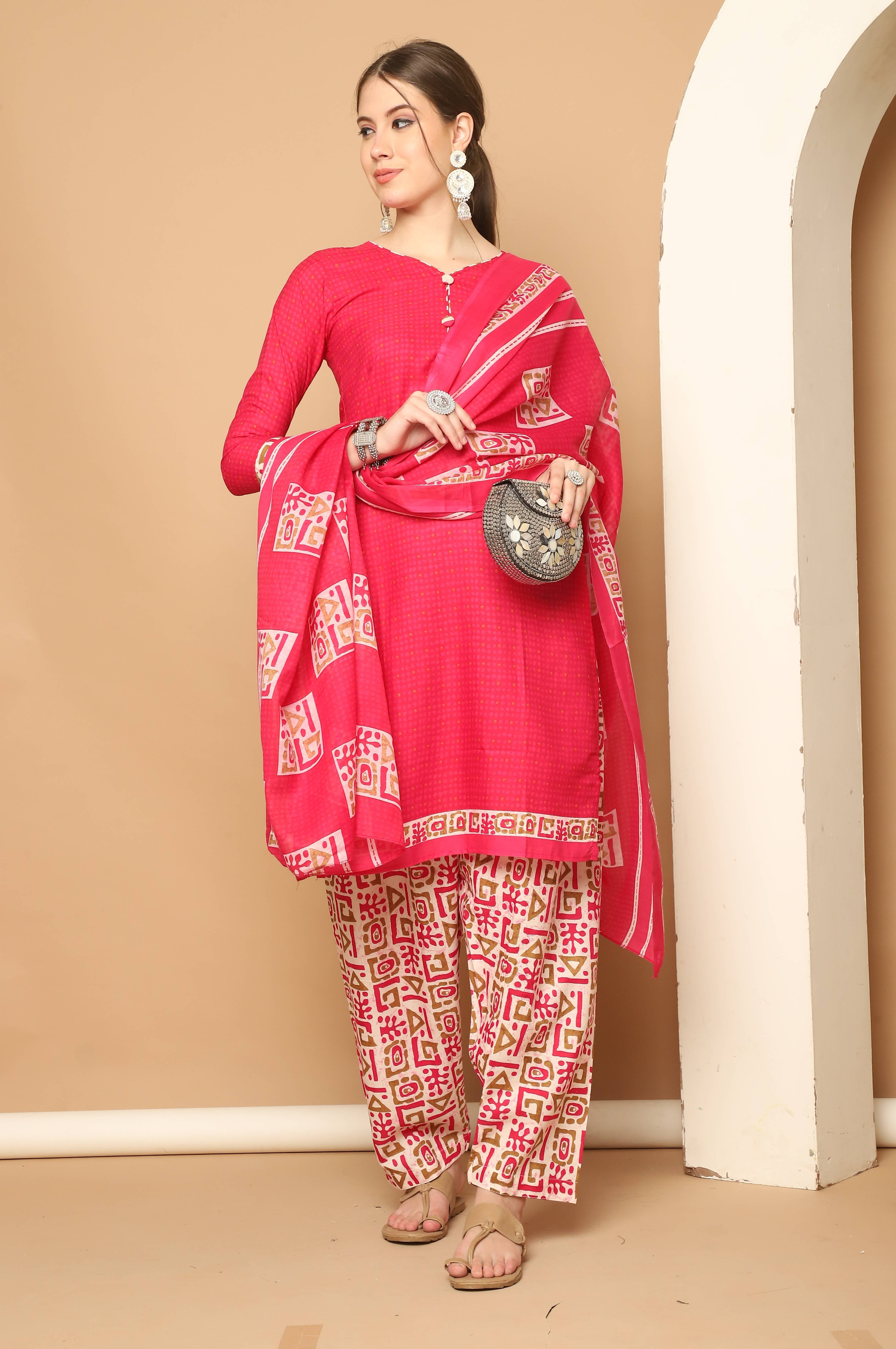 Wonder Weaves Women Cotton Blend Printed Straight Kurti With Patiala Salwar ( Pink ) Wonder Weaves Women Cotton Blend Printed Straight Kurti With Patiala Salwar ( Pink )