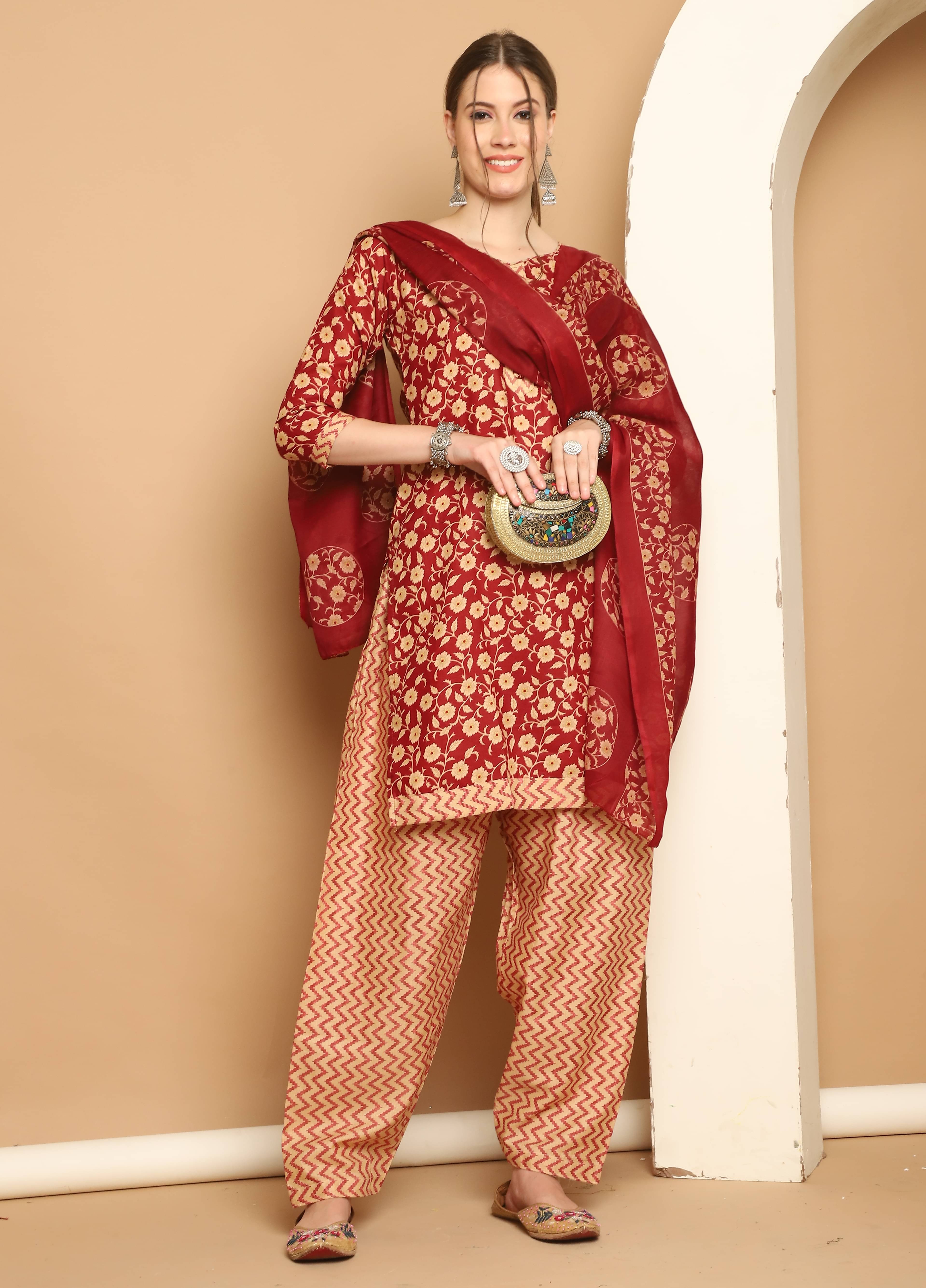 Wonder Weaves Women Cotton Blend Printed Straight Kurti With Patiala Salwar ( Maroon )     			Wonder Weaves Women Cotton Blend Printed Straight Kurti With Patiala Salwar ( Maroon )