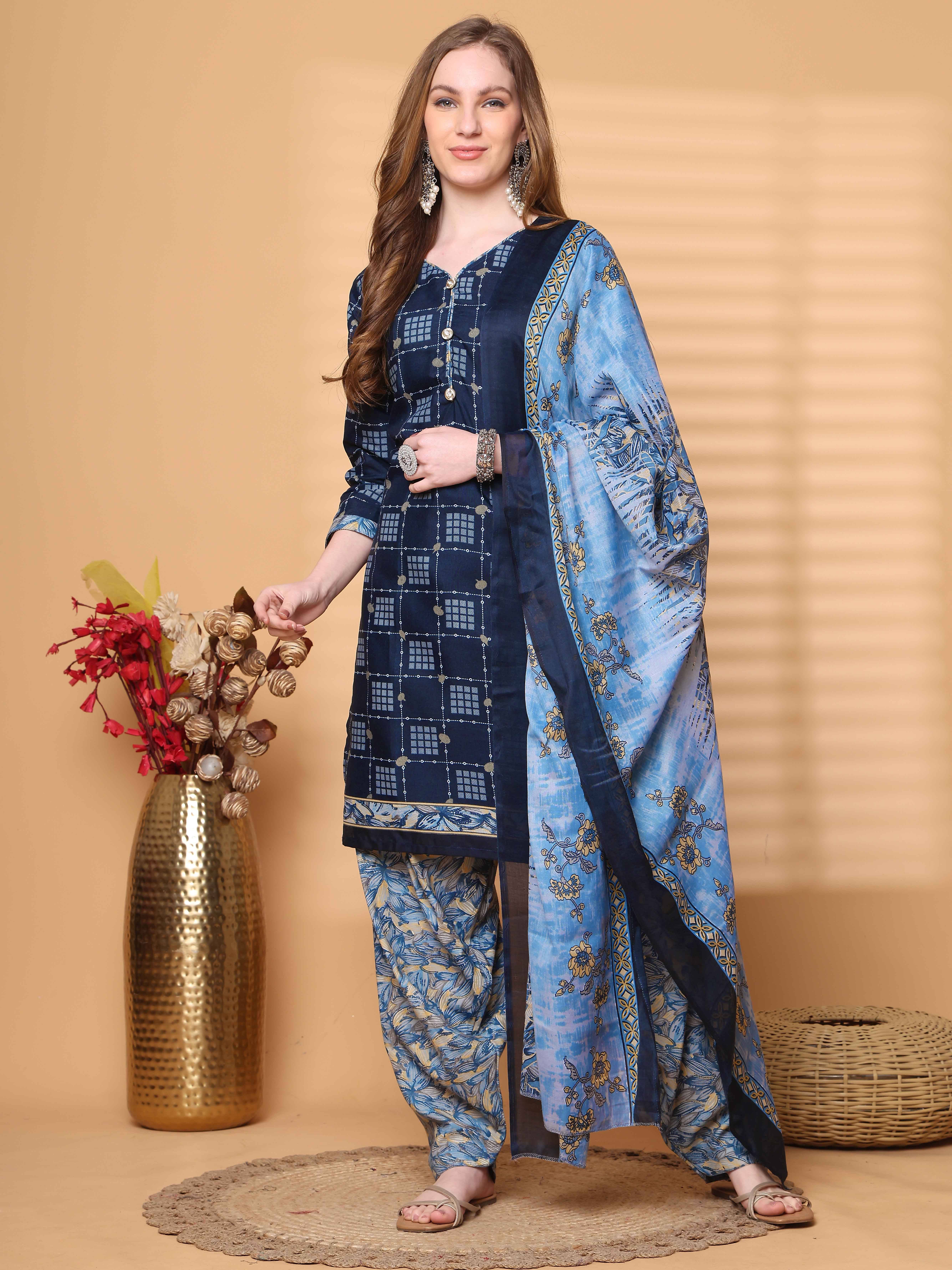 Wonder Weaves Women Cotton Blend Printed Straight Kurti With Patiala Salwar ( Navy Blue ) Wonder Weaves Women Cotton Blend Printed Straight Kurti With Patiala Salwar ( Navy Blue )