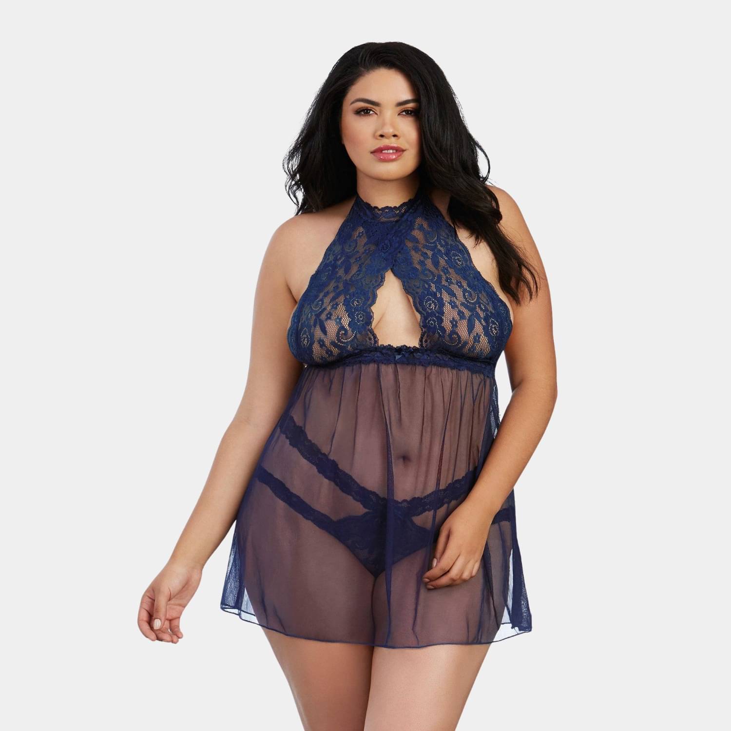     			Zerjama Navy Net Women Baby Doll Dress With Panty