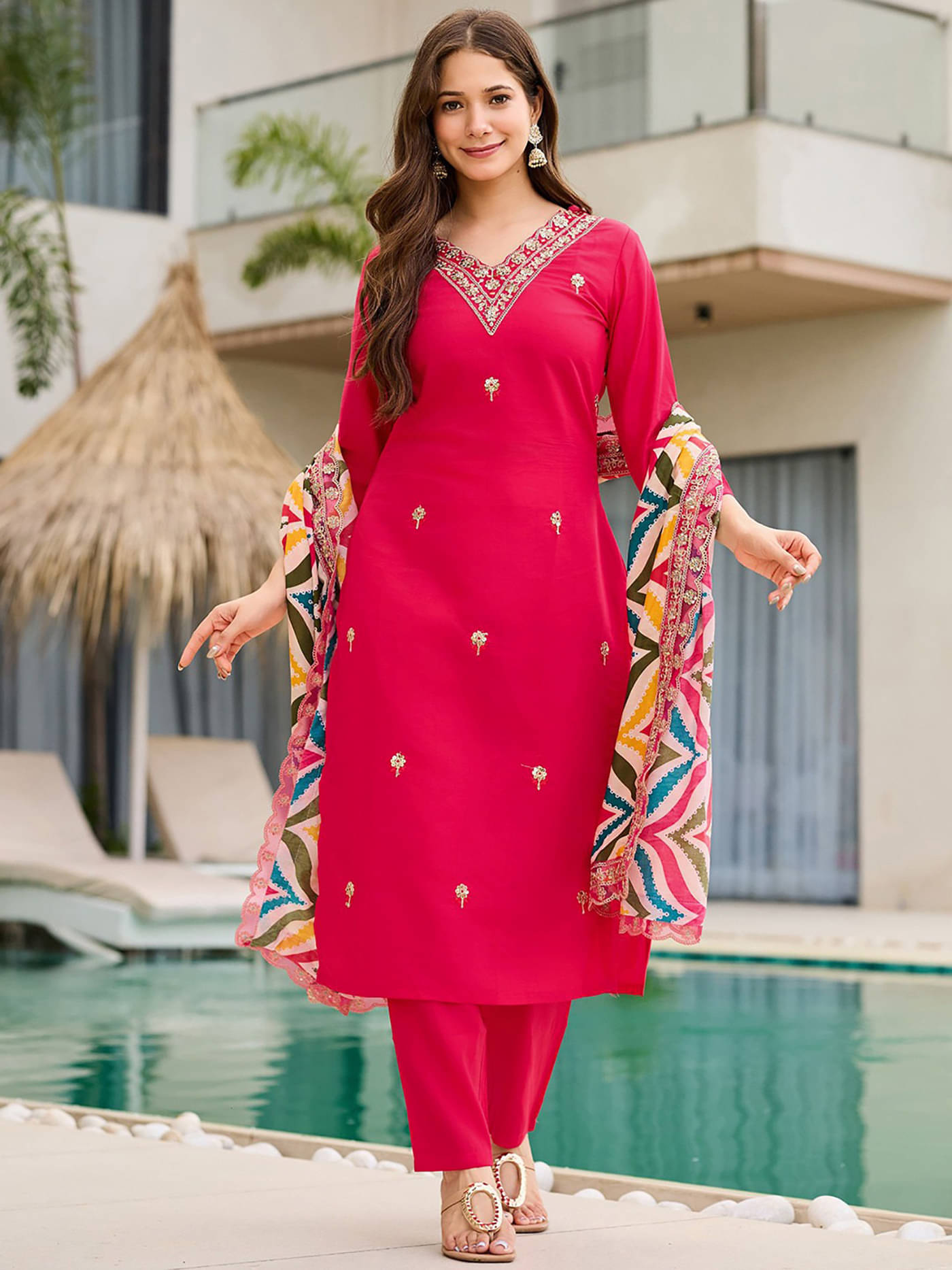     			kedar fab Women Cotton Blend Embroidered Straight Kurti With Pants ( Pink )