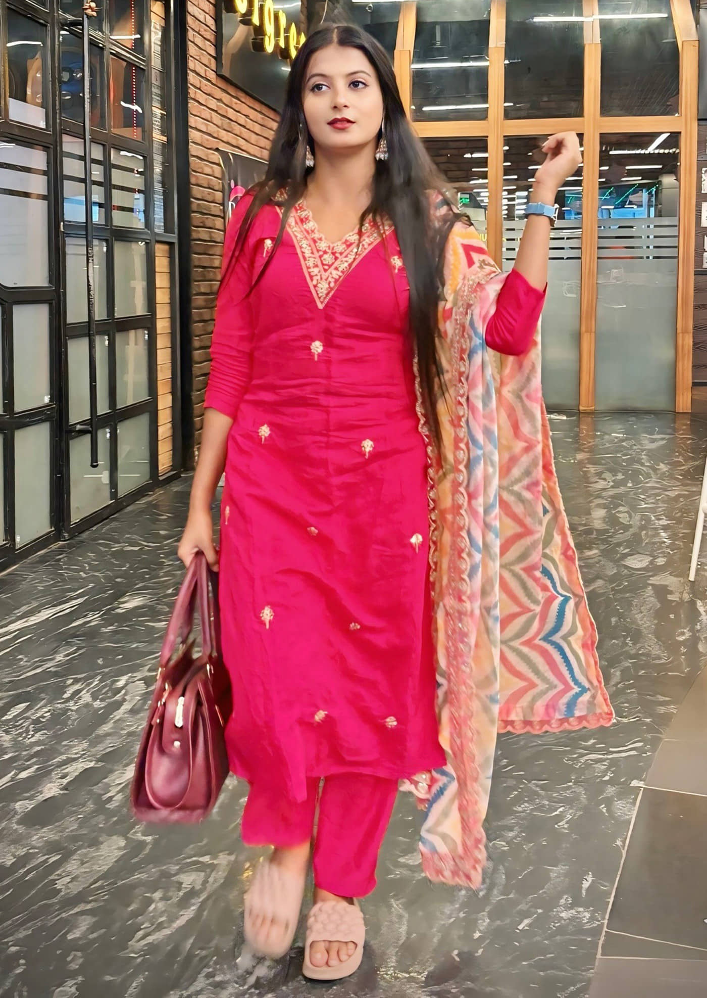 kedar fab Women Cotton Blend Embroidered Straight Kurti With Pants ( Pink )