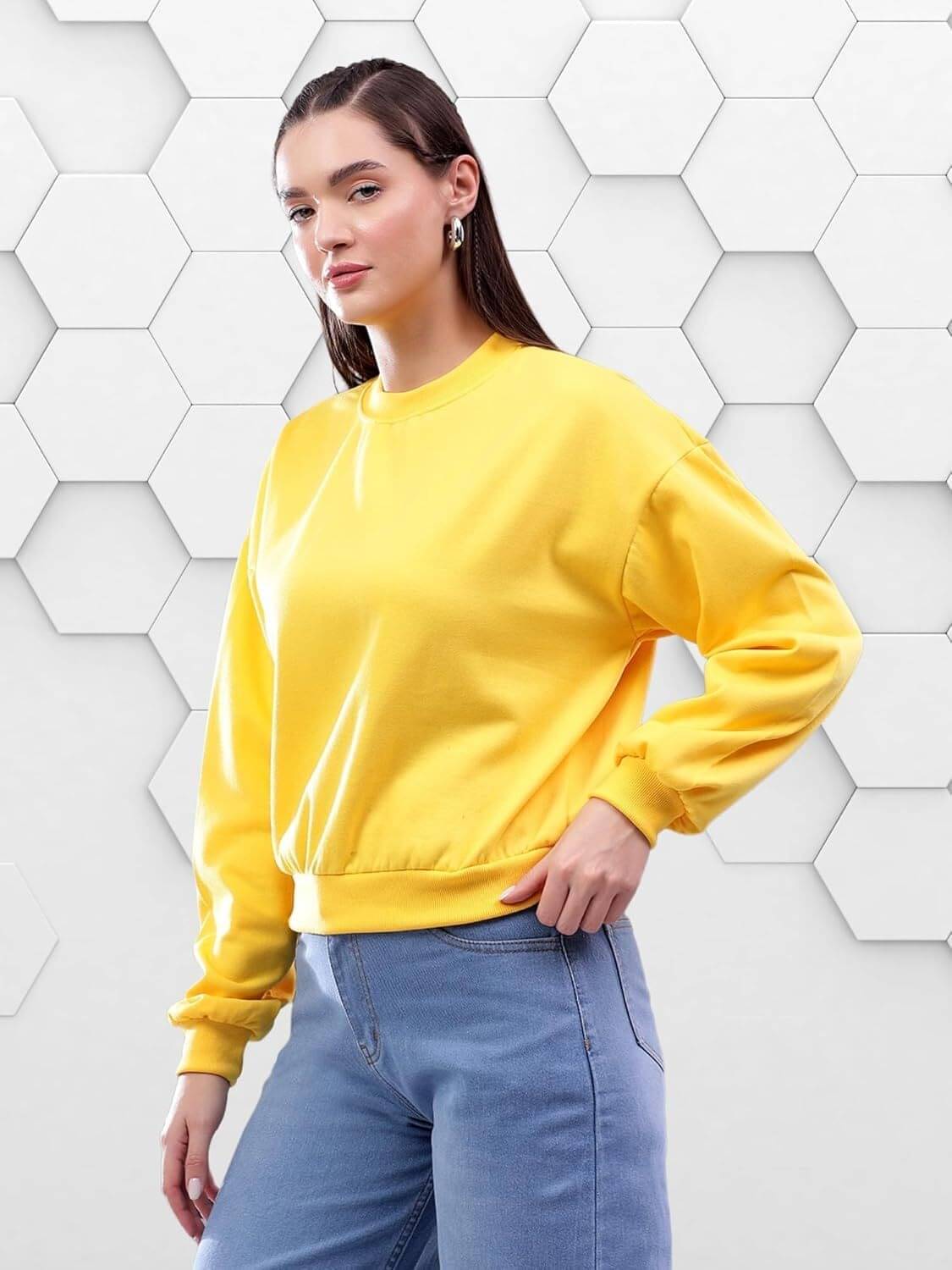 kotty Women Fleece Round Neck Sweatshirt For Light Winters ( Yellow ) kotty Women Fleece Round Neck Sweatshirt For Light Winters ( Yellow )