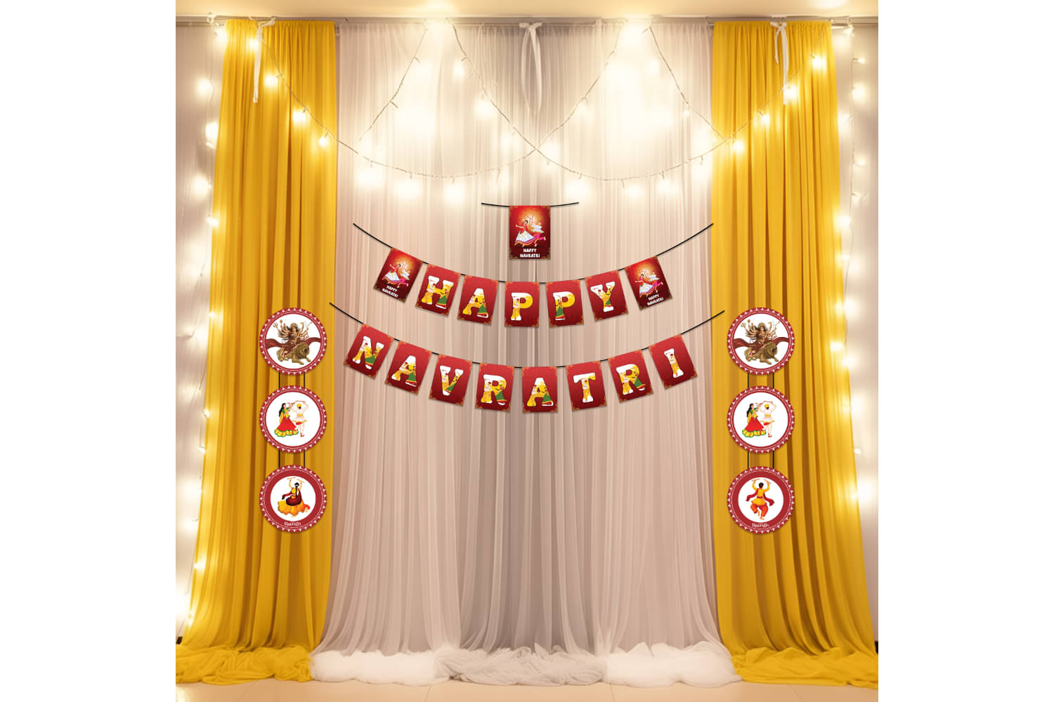     			1iAM Navaratri Decoration Items Pack of 15 - Banner, Chandmala, Yellow-White Nets, Lights, Hooks & Ribbons For Program Stage, Shopping Mall, Home, Office Decor | Traditional Festive Decorative Item