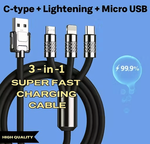     			3 in 1 Fast Charging Data Cable , 120W Portable, charger chod with USB Type-C & Micro- USB (Yellow)