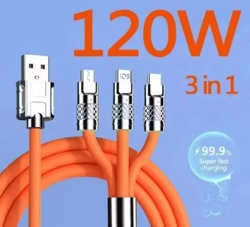     			3 in 1 Fast Charging Data Cable , 120W Portable, charger chod with USB Type-C & Micro- USB (Yellow)