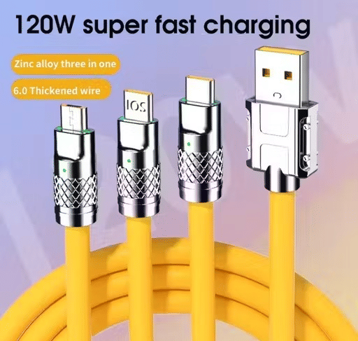     			3 in 1 Fast Charging Data Cable , 120W Portable, charger chod with USB Type-C & Micro- USB (Yellow)
