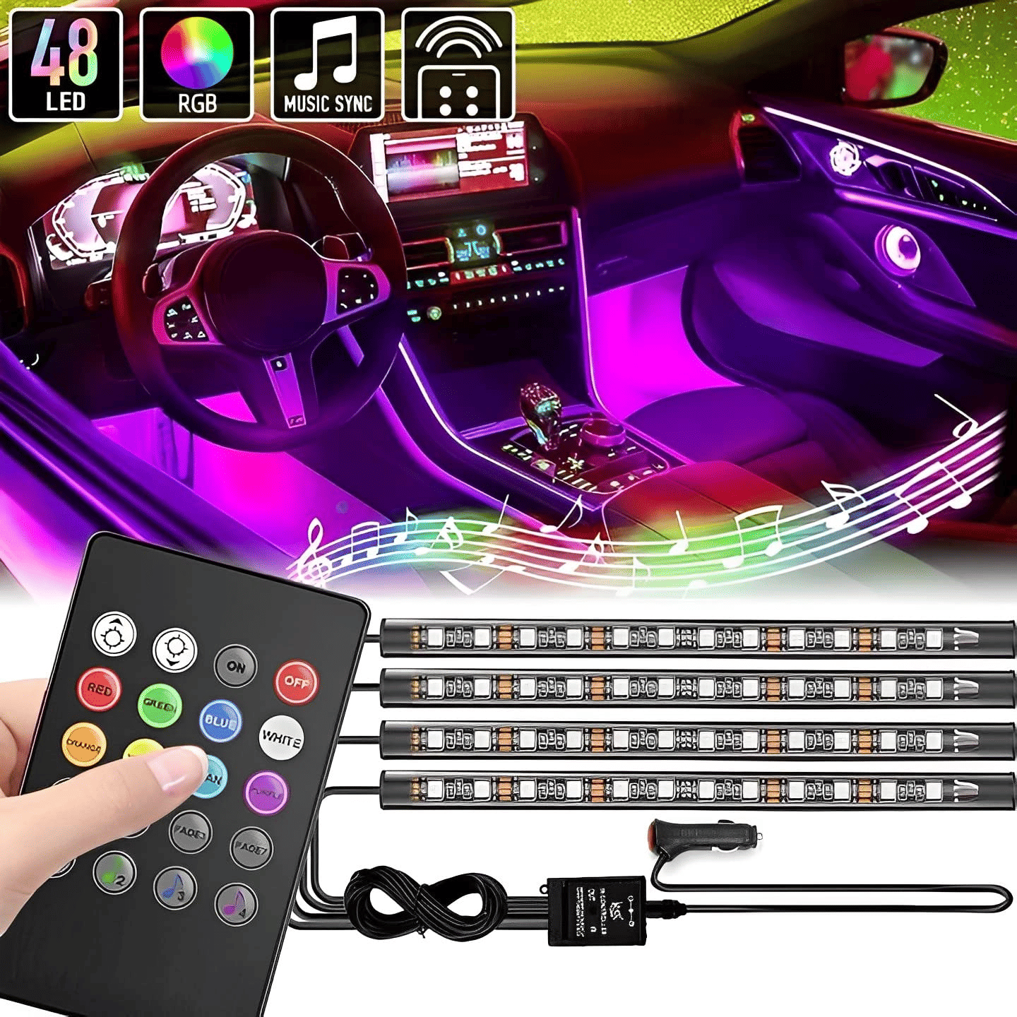     			Aksmit Car Atmosphere LED Lights 4pcs 48 LED 12V Multicolor Strip Lights Wireless car interior Music Sync Interior Ambient Lighting for Footwell Dashboard Doors Customizable car atmosphere light