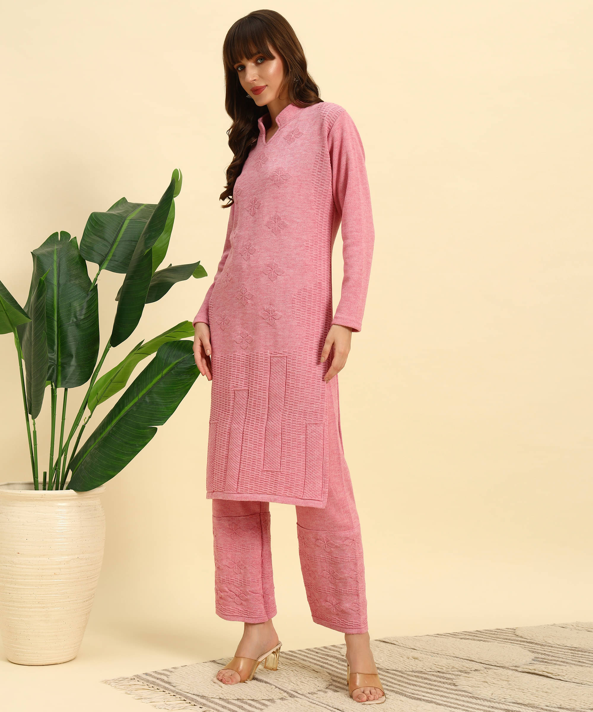     			Canblar Women Woollen Solid Frock Style Kurti With Palazzo ( Pink )