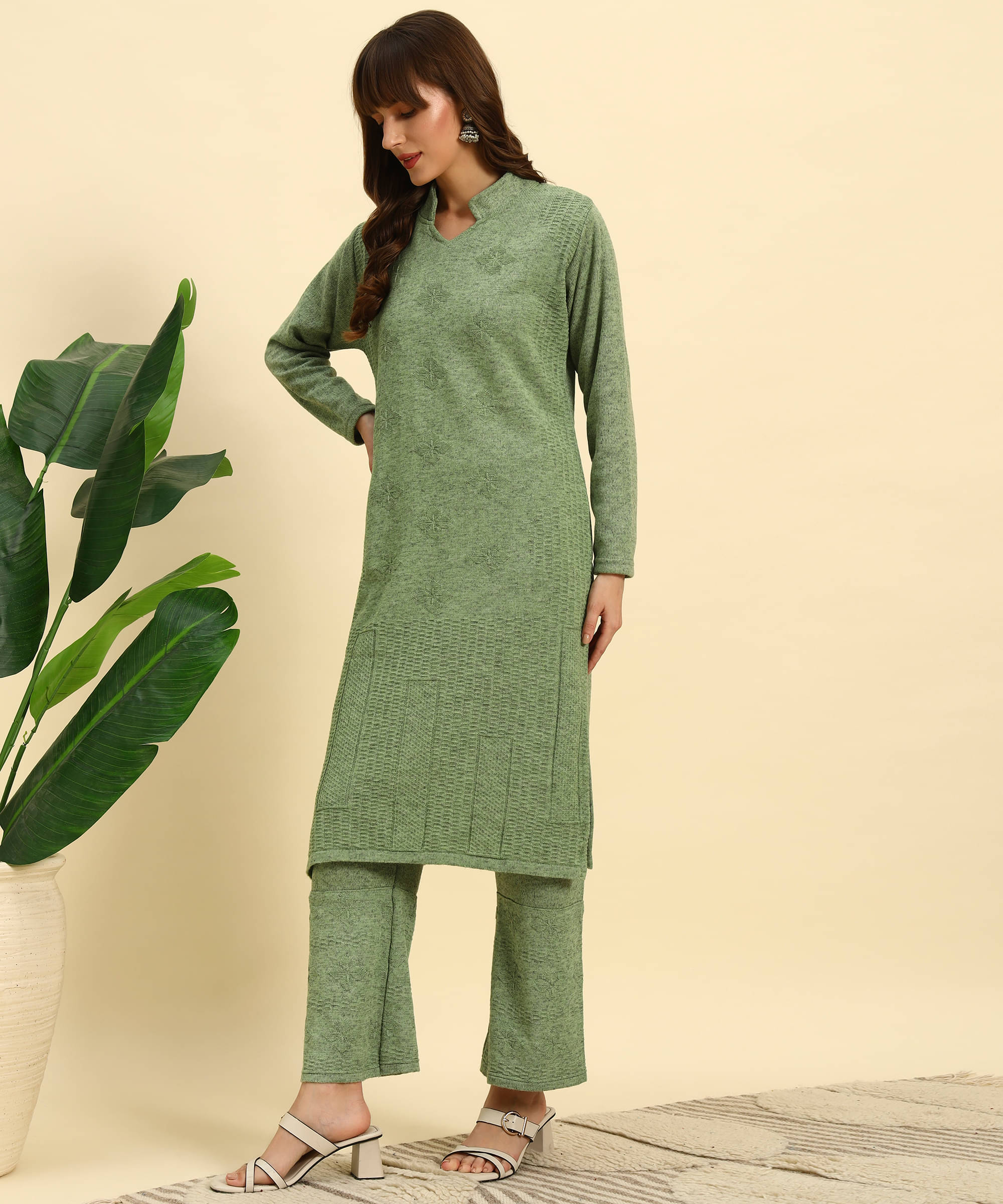     			Canblar Women Woollen Solid Frock Style Kurti With Palazzo ( Green )