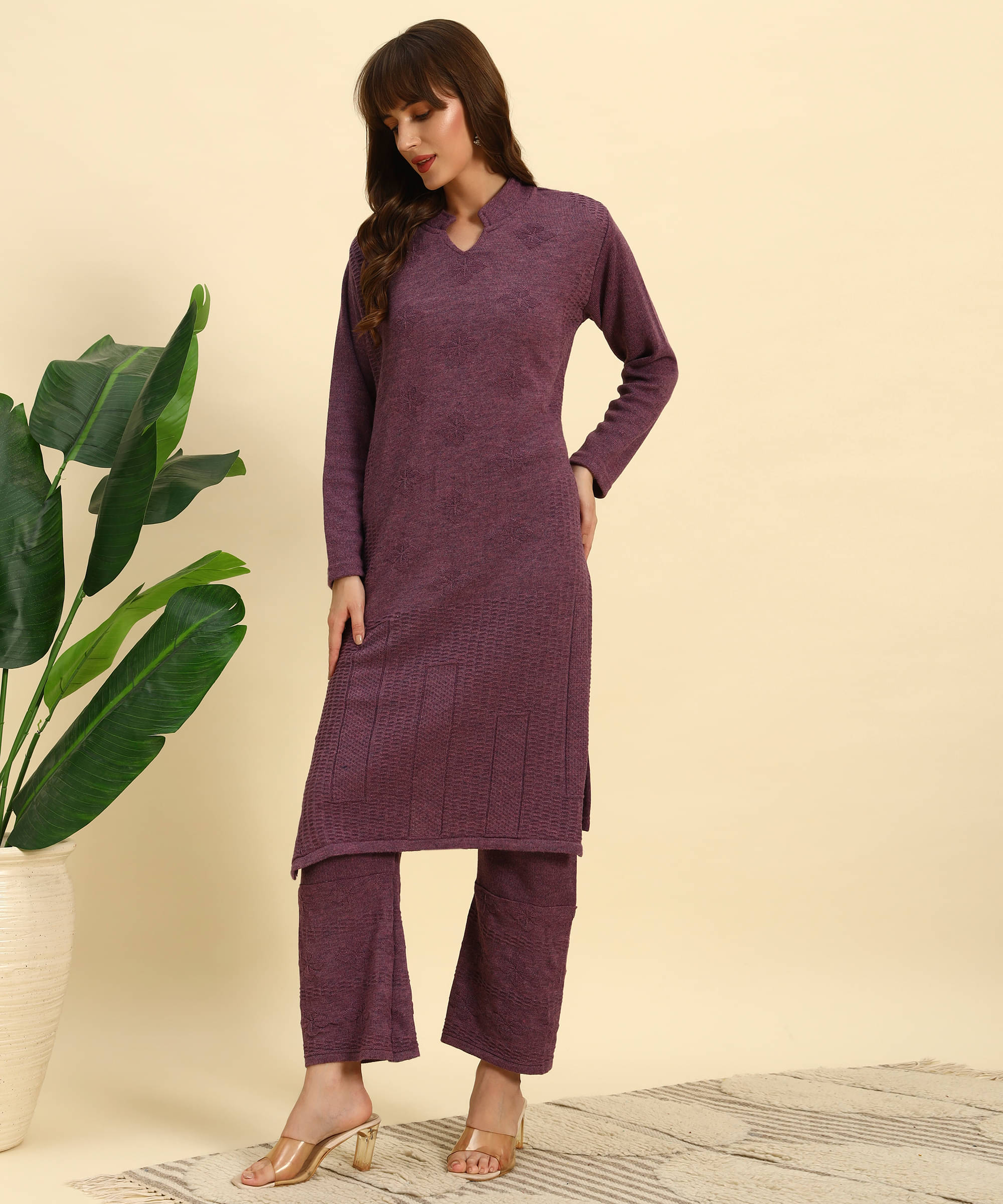     			Canblar Women Woollen Solid Frock Style Kurti With Palazzo ( Purple )