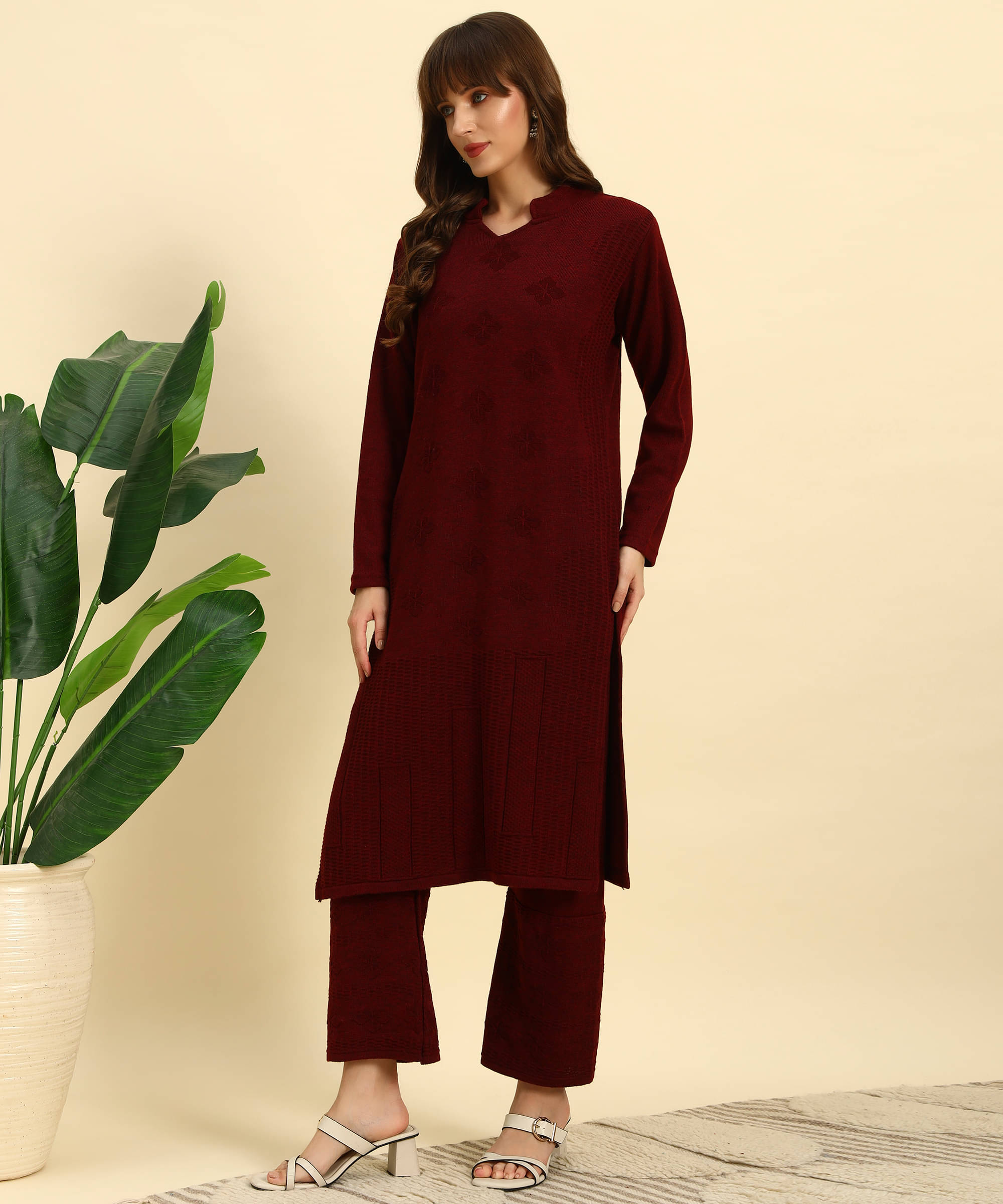     			Canblar Women Woollen Solid Frock Style Kurti With Palazzo ( Maroon )