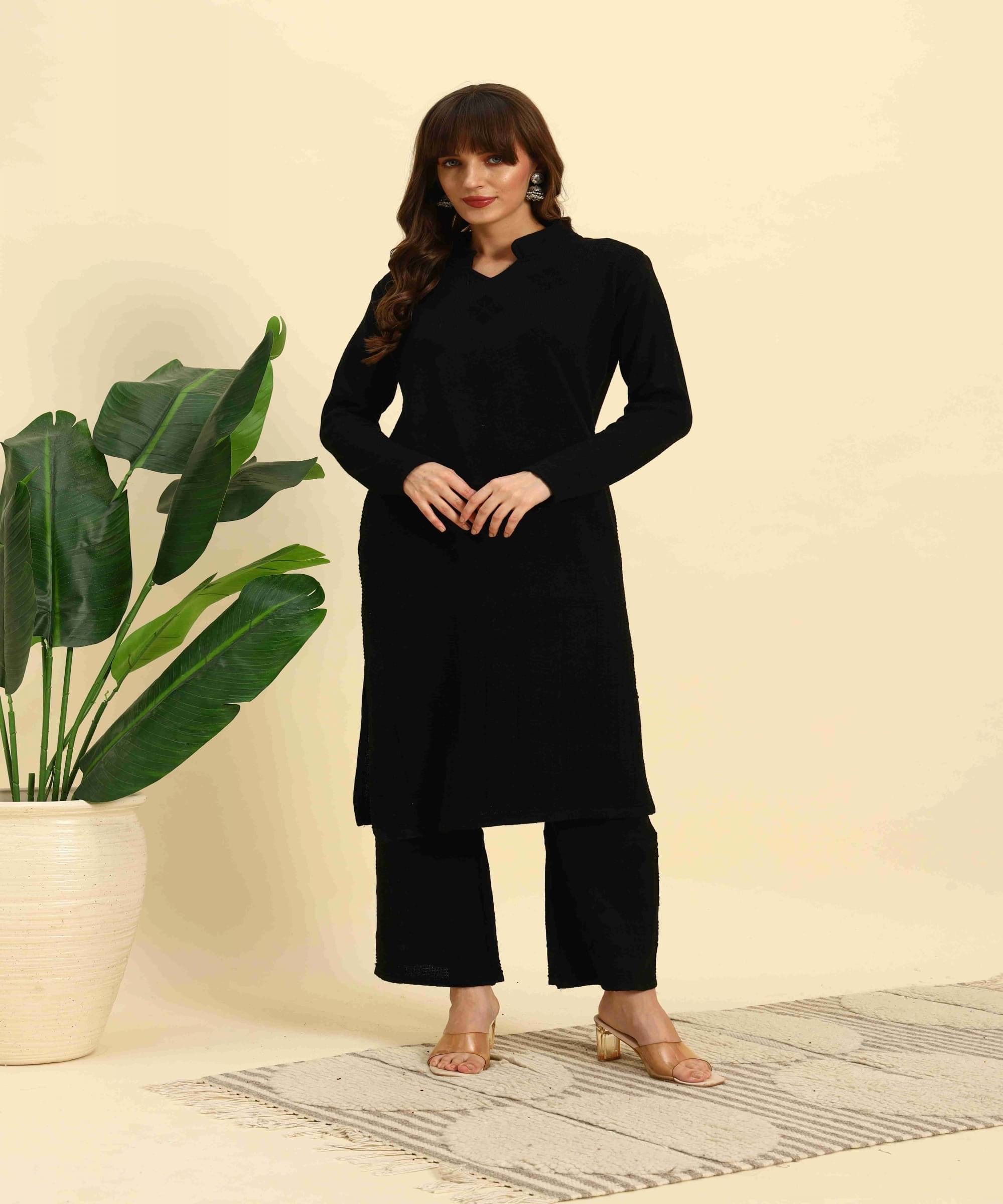     			Canblar Women Woollen Solid Frock Style Kurti With Palazzo ( Black )