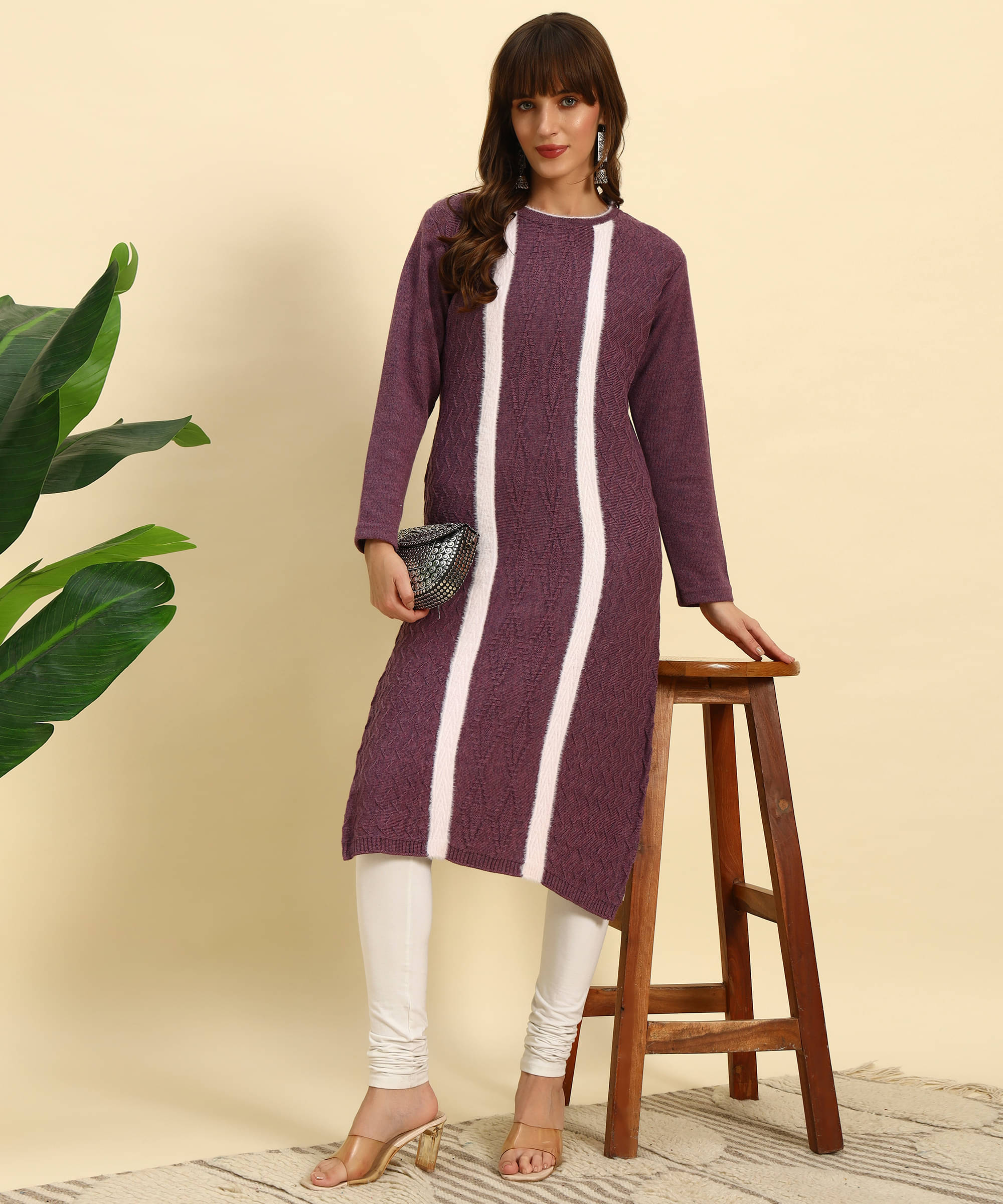     			Canblar Women Woollen Striped Straight Kurti ( Purple )