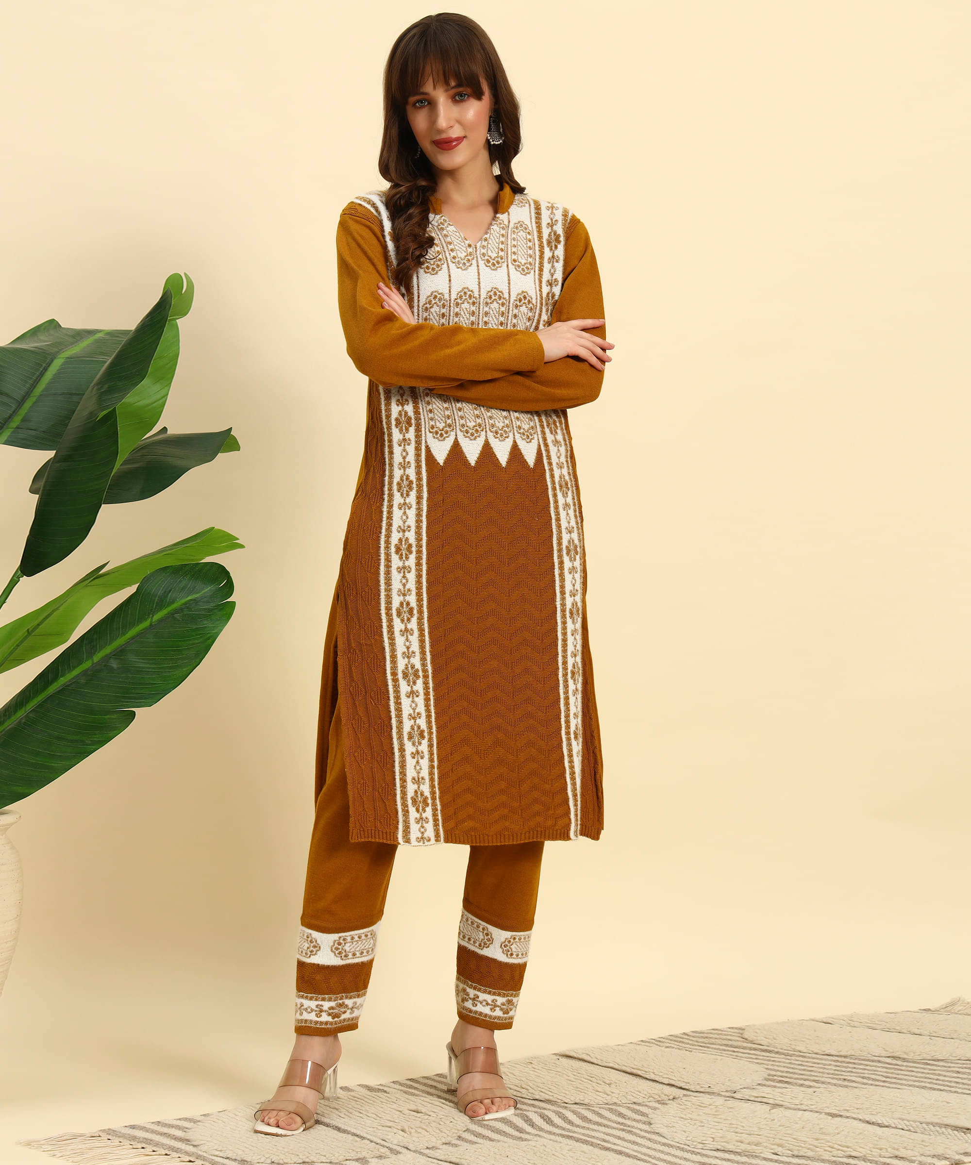 Canblar Women Woollen Striped Straight Kurti With Palazzo ( Brown ) Canblar Women Woollen Striped Straight Kurti With Palazzo ( Brown )
