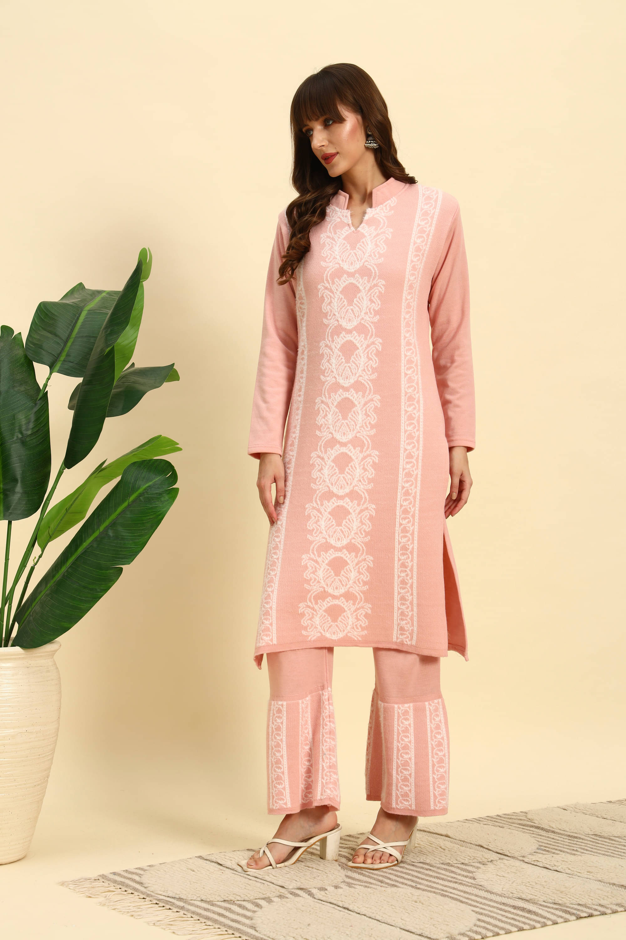     			Canblar Women Woollen Striped Straight Kurti With Palazzo ( Peach )