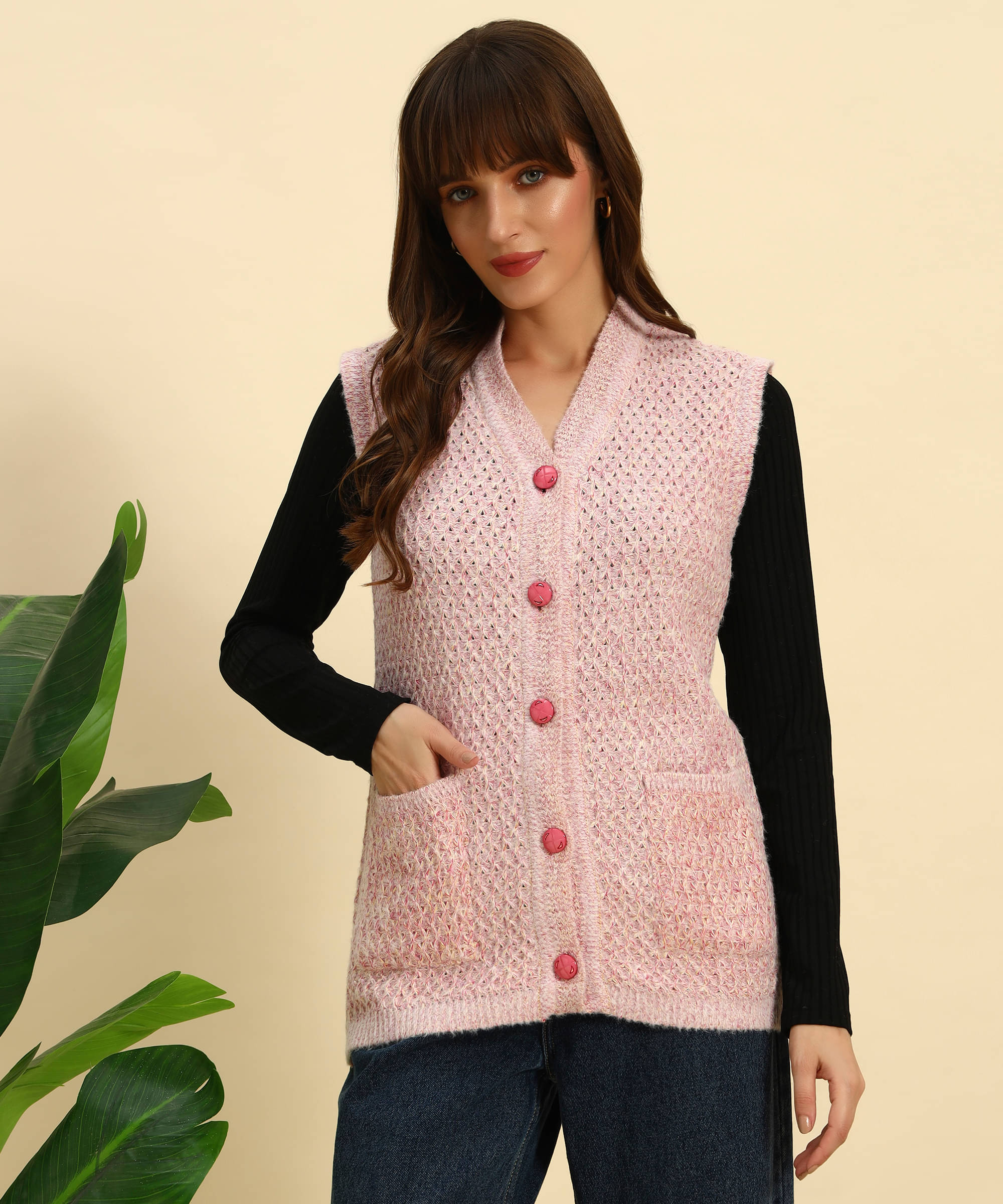     			Canblar Woollen V Neck Women's Buttoned Cardigans - Pink ( Pack of 1 )