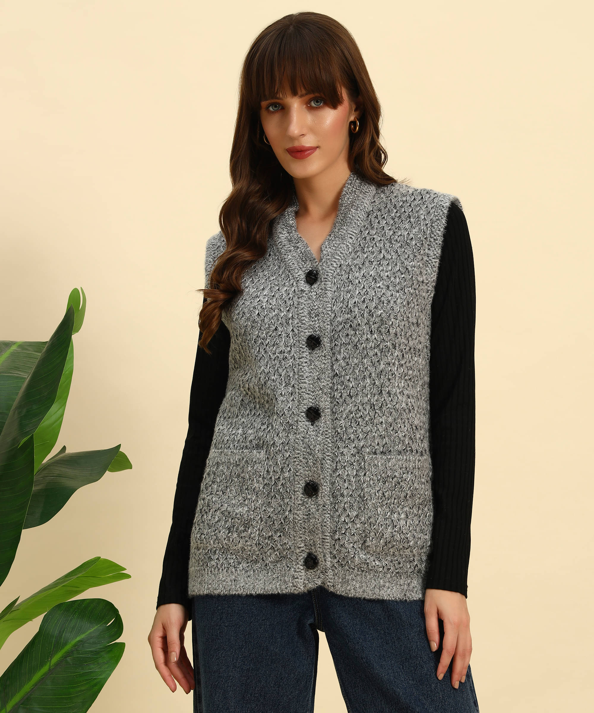    			Canblar Woollen V Neck Women's Buttoned Cardigans - Grey ( Pack of 1 )