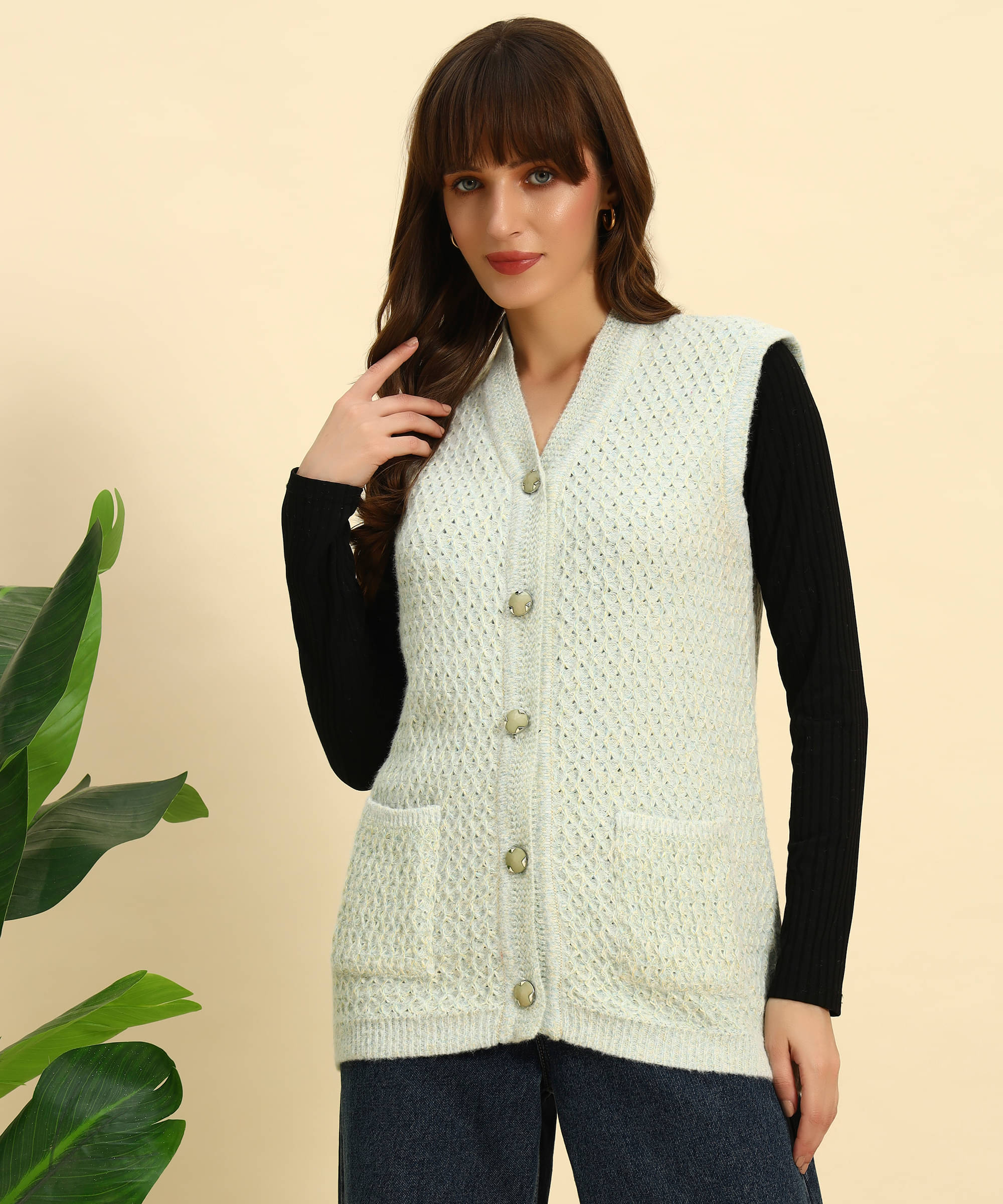     			Canblar Women Woollen V-Neck Cardigan ( Light Green )