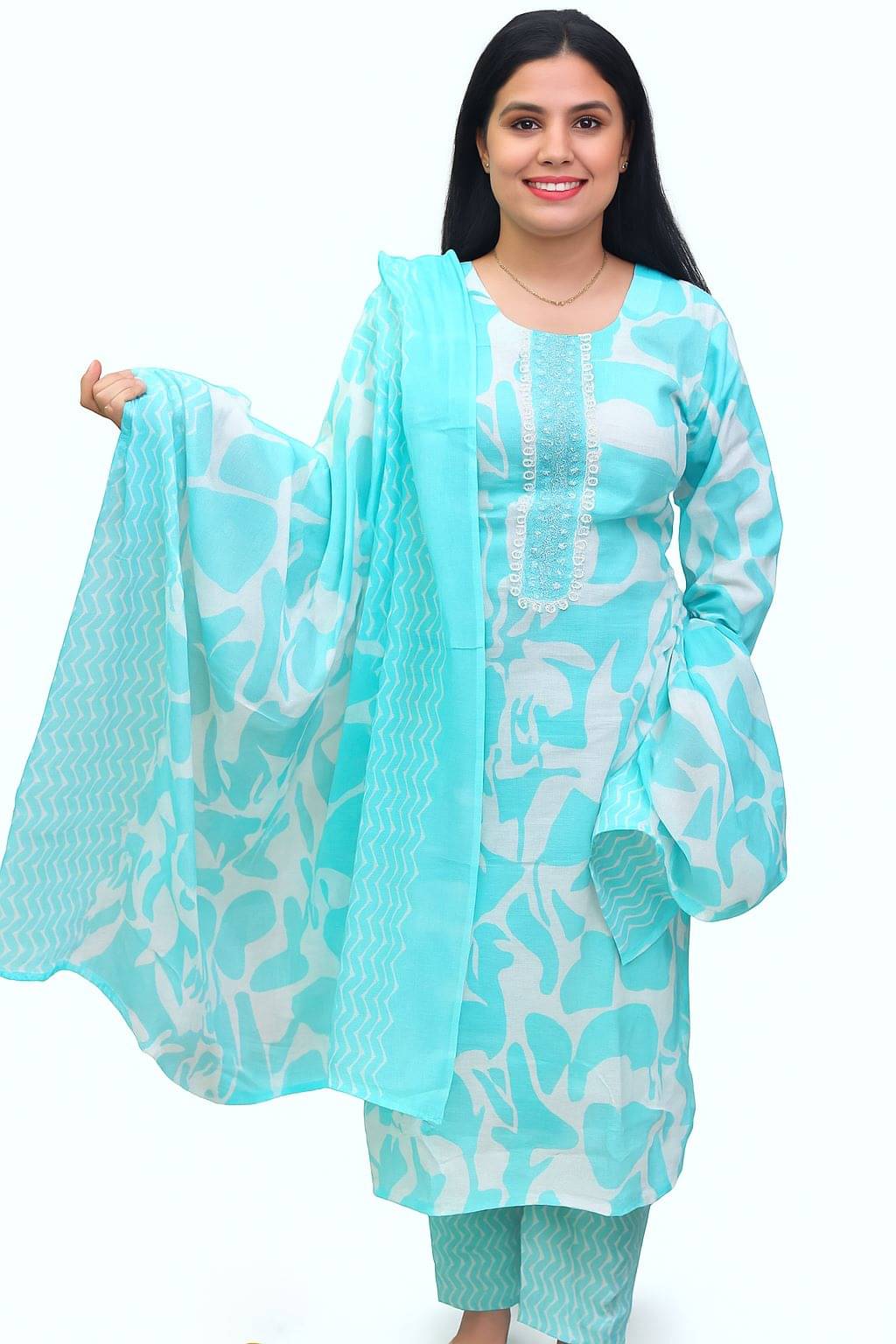 Daughters Enterprise Women Cotton Printed Straight Kurti With Pants ( Turquoise ) Daughters Enterprise Women Cotton Printed Straight Kurti With Pants ( Turquoise )