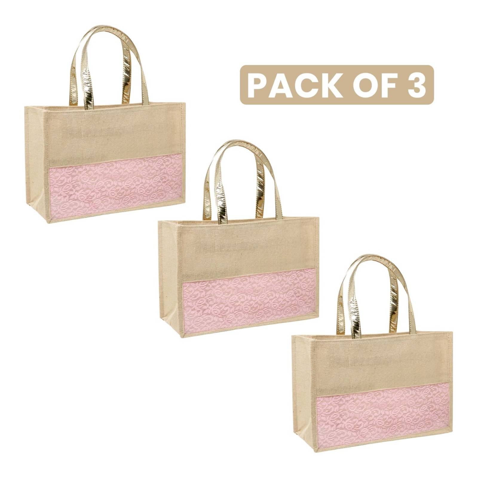    			ENSAC Tote Bag Jute Set of 3 ( Pink )