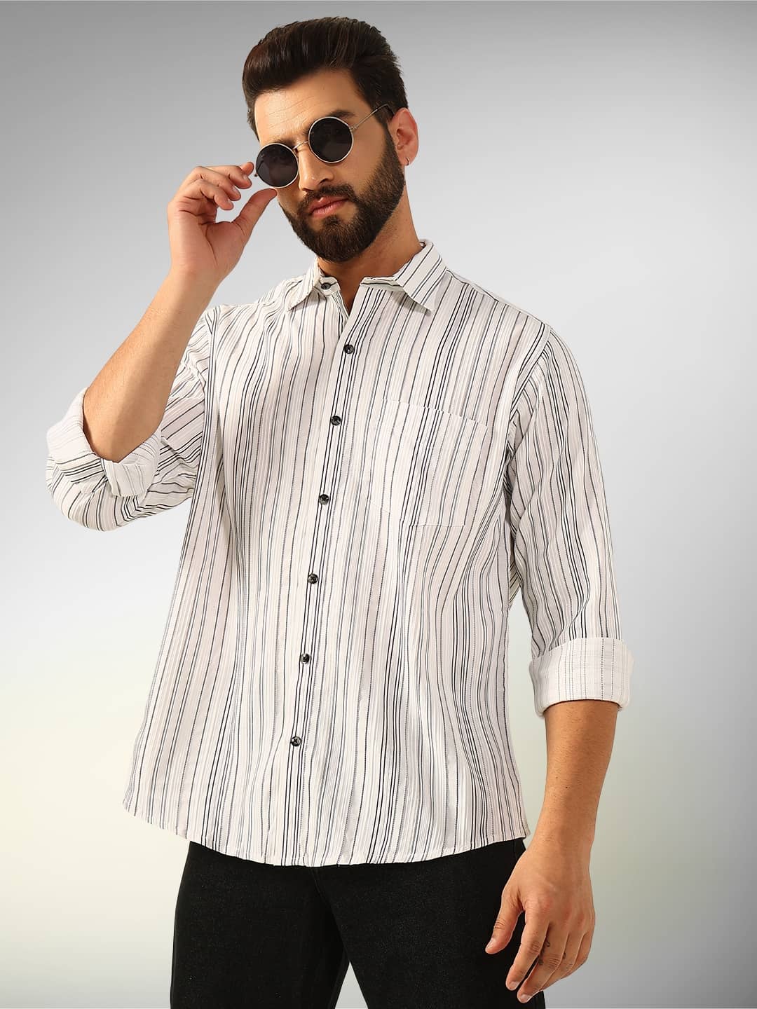 ENSPYR 100% Cotton Regular Fit Striped Full Sleeves Men's Casual Shirt - White ( Pack of 1 )