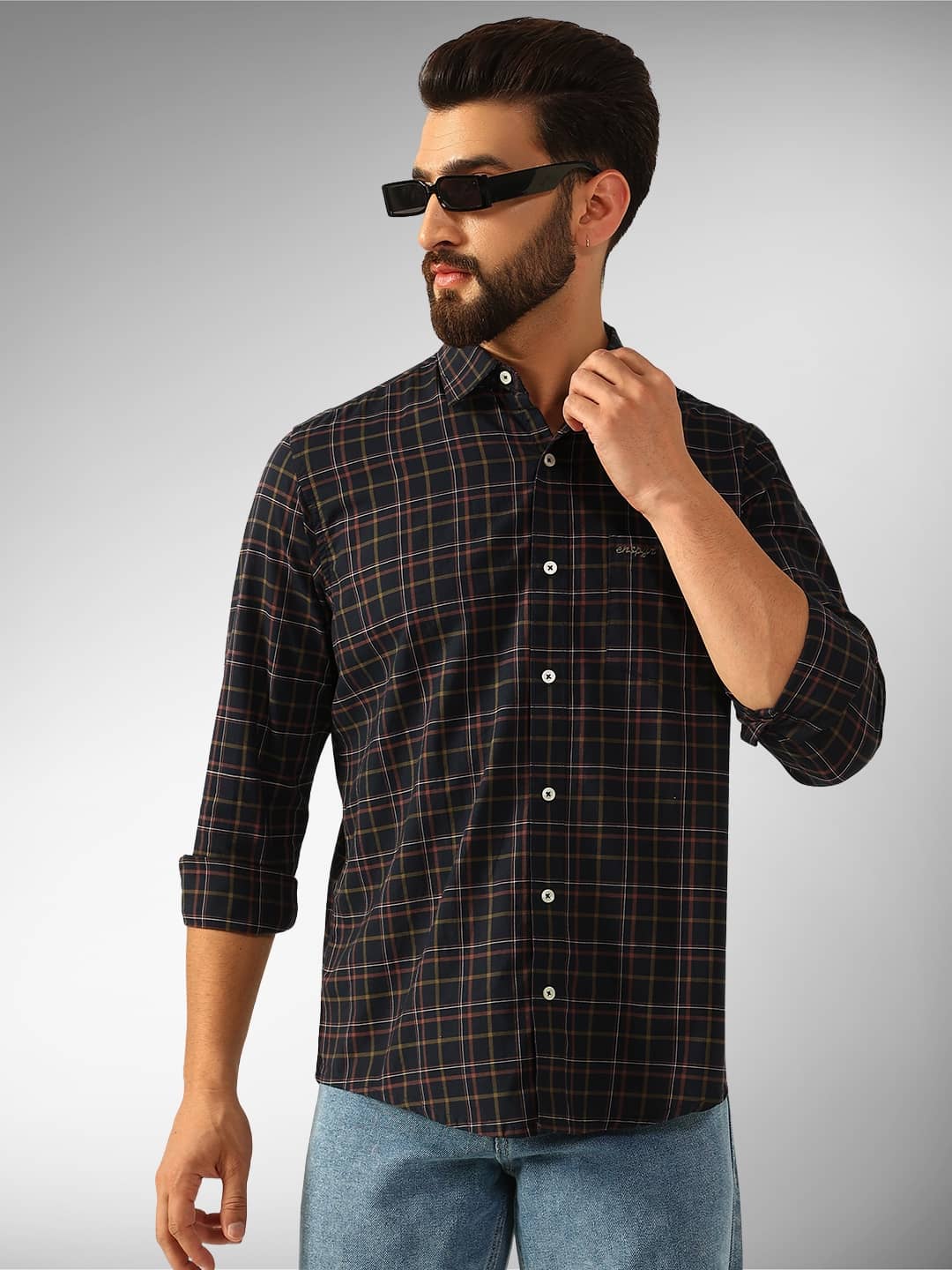 ENSPYR 100% Cotton Regular Fit Checks Full Sleeves Men's Casual Shirt - Indigo ( Pack of 1 )