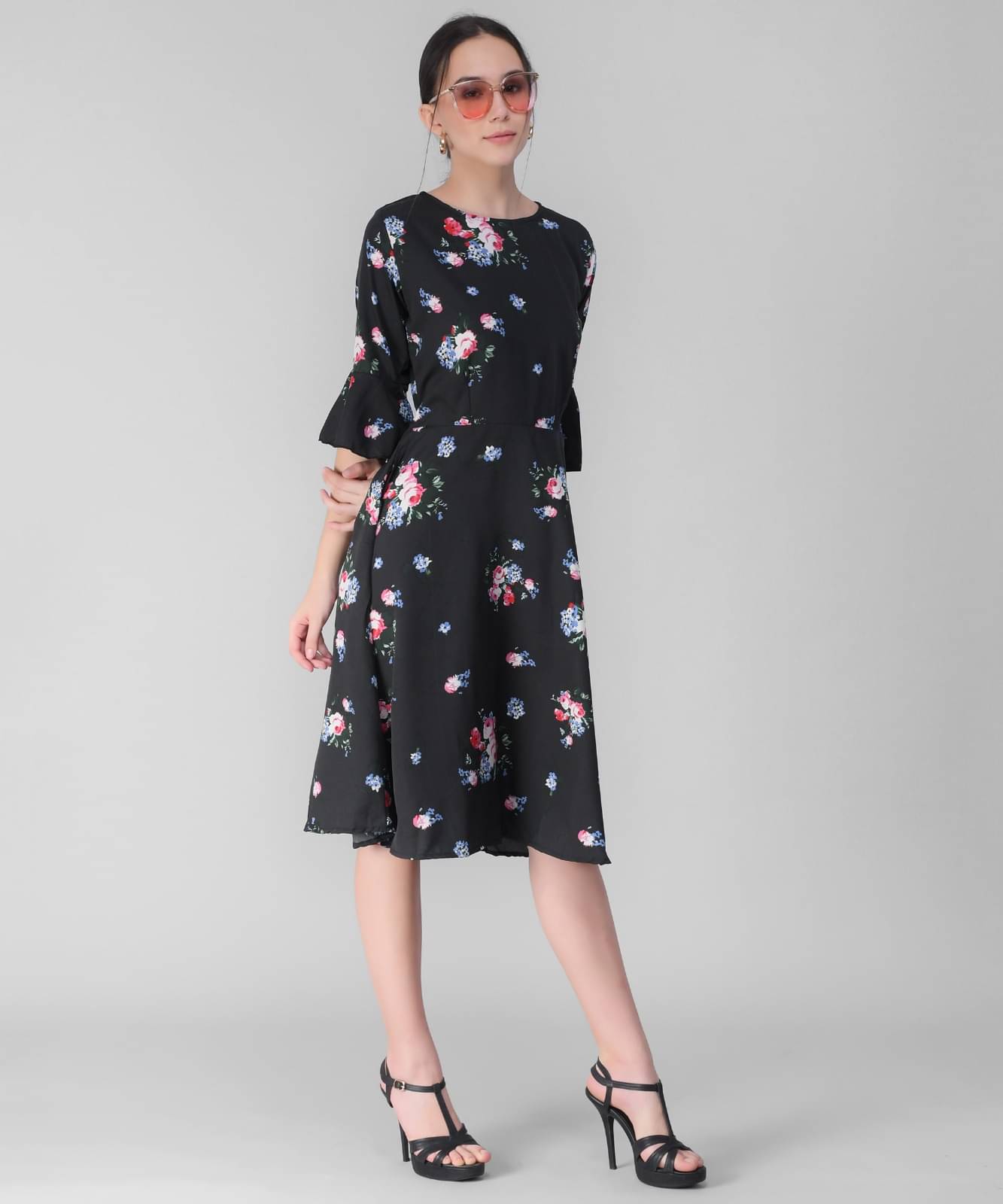     			Elizy Women Crepe Printed A-line Dress ( Black )