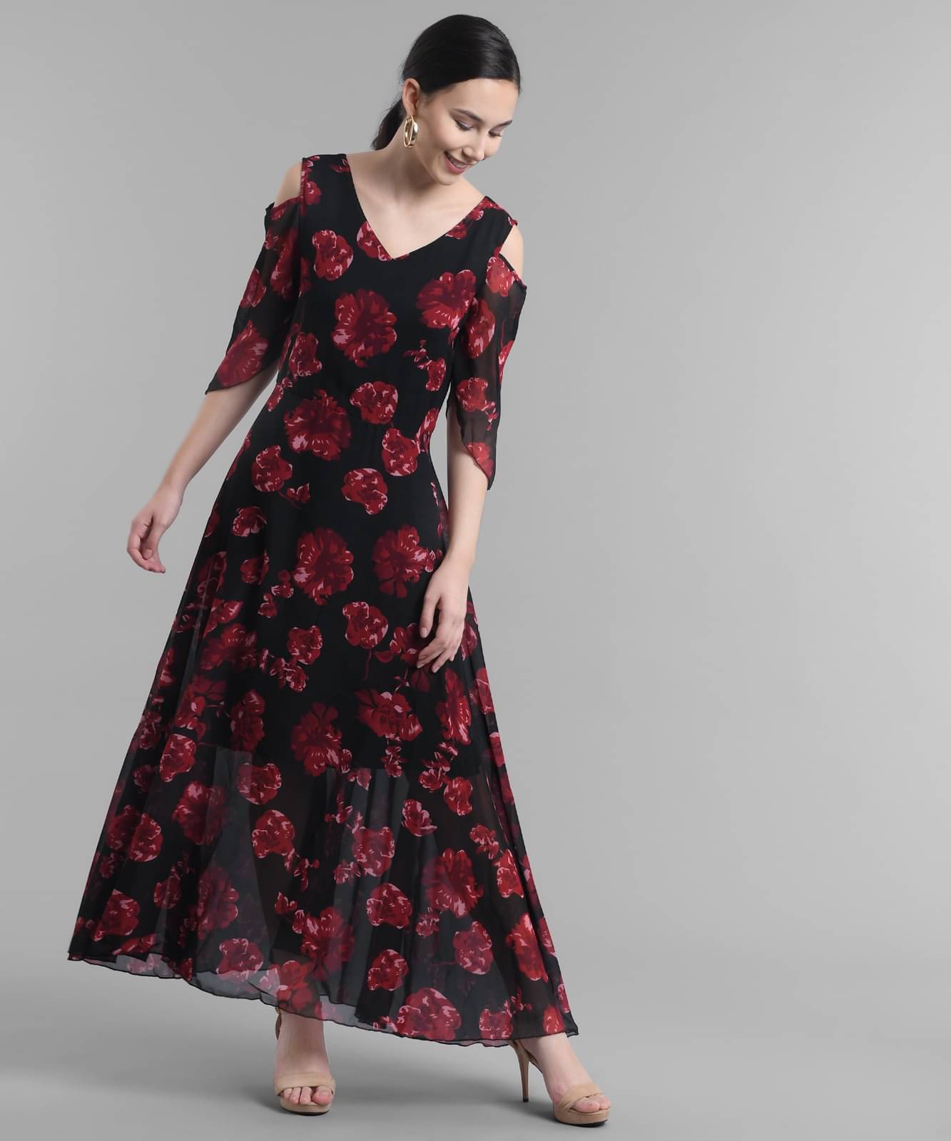     			Elizy Women Georgette Printed A-line Dress ( Black )