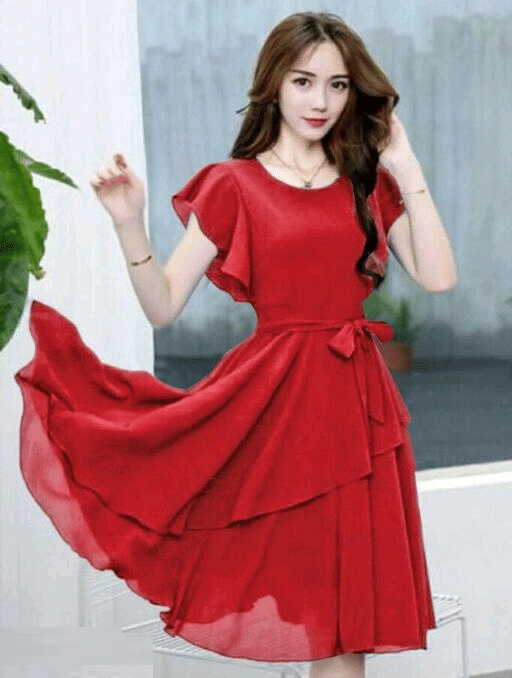     			Elizy Women Georgette Solid A-line Dress ( Red )