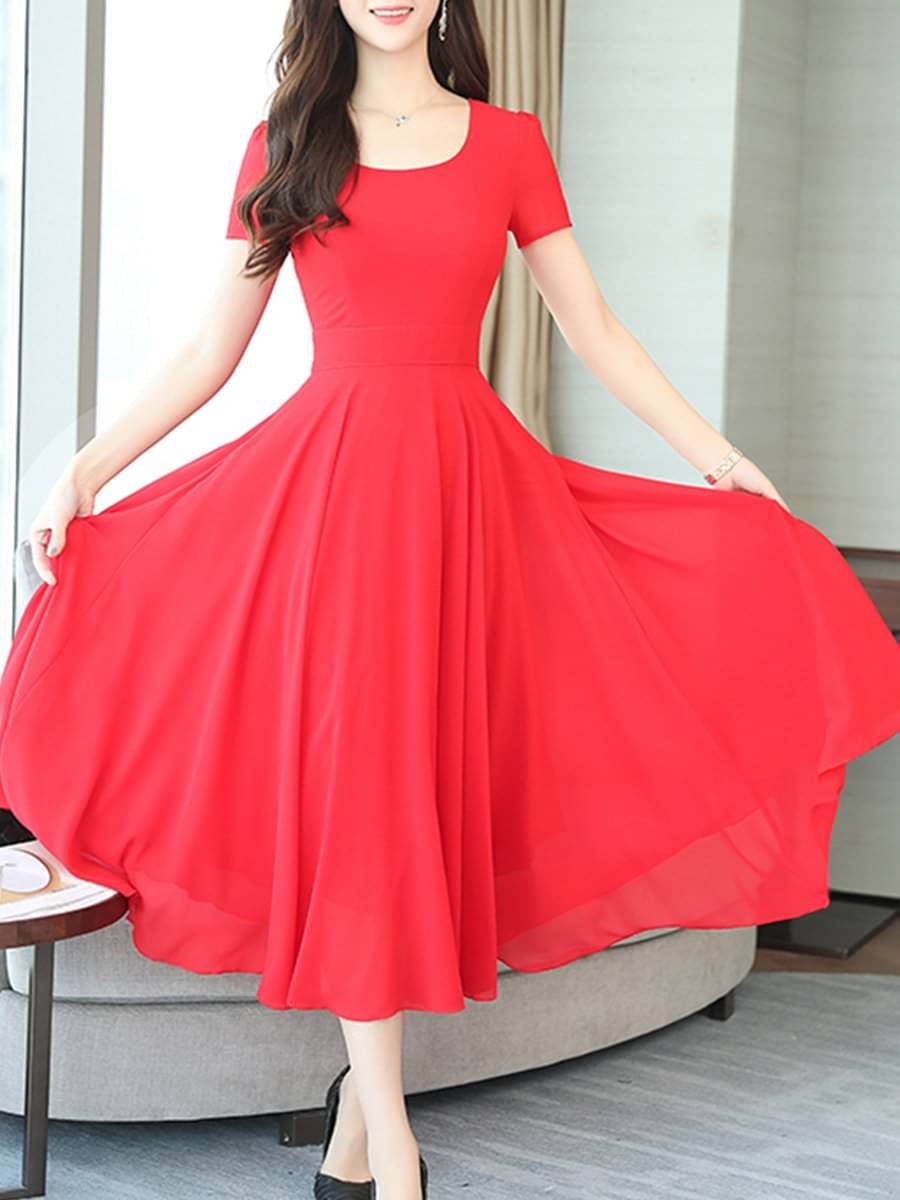     			Elizy Women Georgette Solid A-line Dress ( Red )