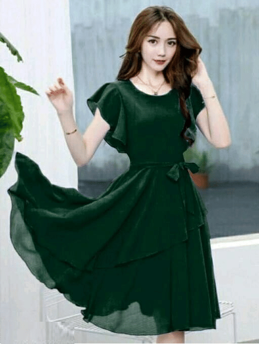     			Elizy Women Georgette Solid A-line Dress ( Green )