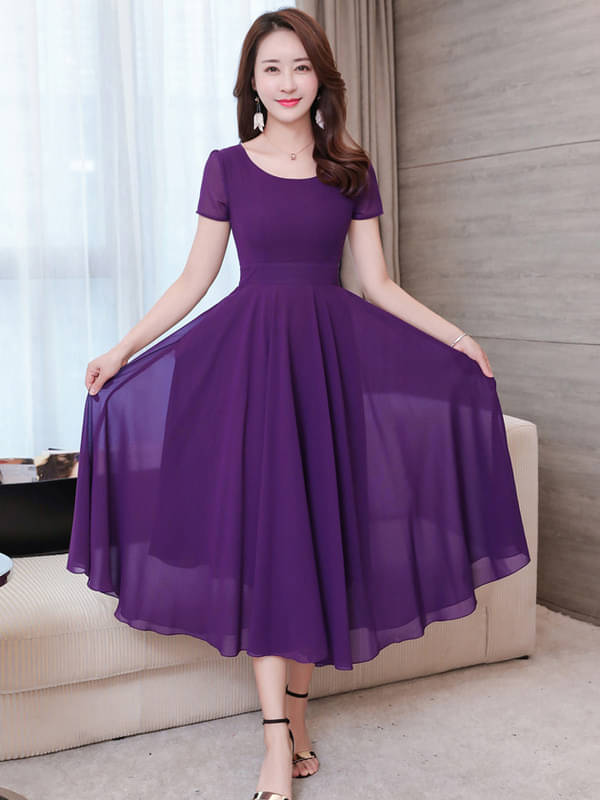     			Elizy Women Georgette Solid A-line Dress ( Purple )