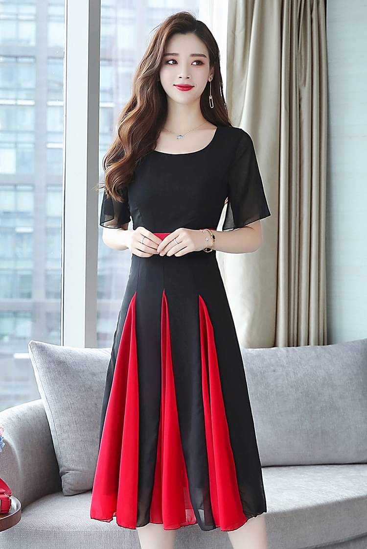     			Elizy Women Georgette Striped A-line Dress ( Black )