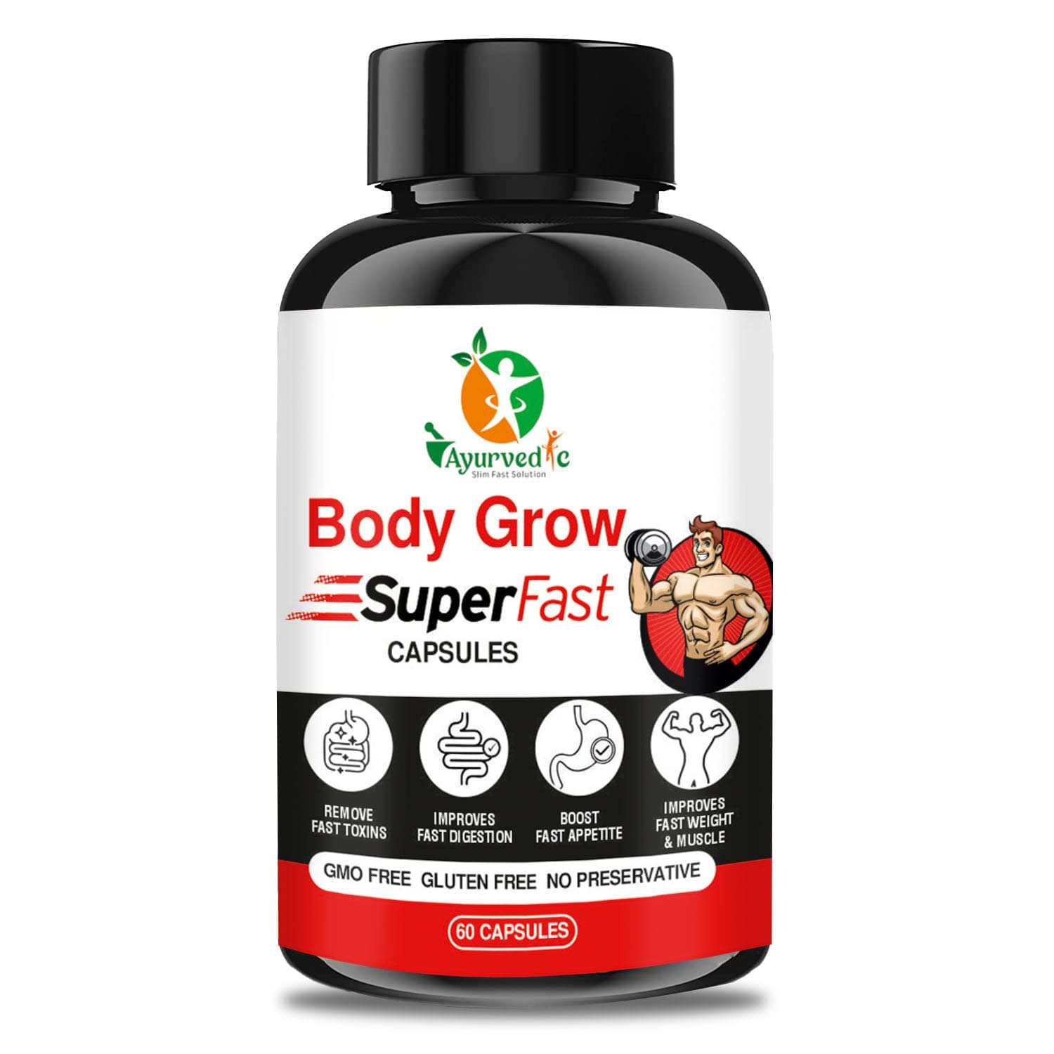 Ayurvedic Body Grow SuperFast Muscle Gain Capsule, Weight Gainer with Ashwagandha, Shatavari & Safed Musli 60No.s Ayurvedic Body Grow SuperFast Muscle Gain Capsule, Weight Gainer with Ashwagandha, Shatavari & Safed Musli 60No.s
