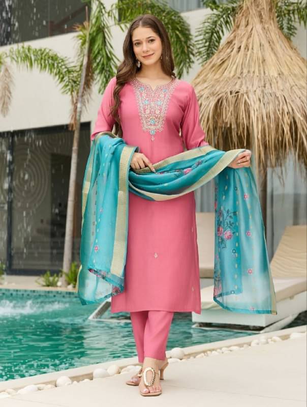     			Generic Women Viscose Embroidered A-line Kurti With Pants ( Pink )