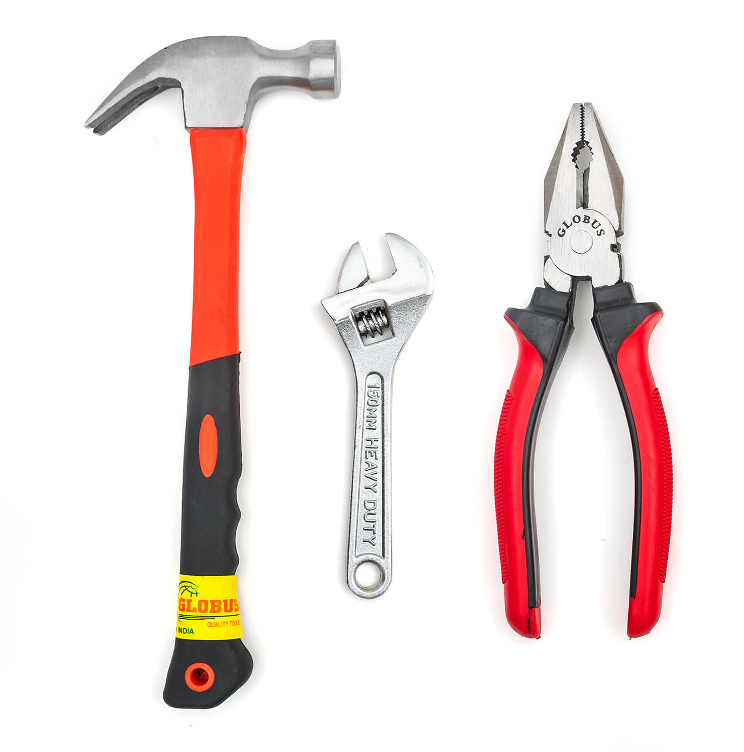     			Globus 1626-Curved Claw Hammer with FIBER GLASS Handle and Rubber SHOCK PROOF Grip (0.40 kg)  & Adjustable Wrench/ Spanner Chrome Finish (6 inch / 150mm & COMBINATION PLIER (8"/ 200 MM). Professional & home use tools.