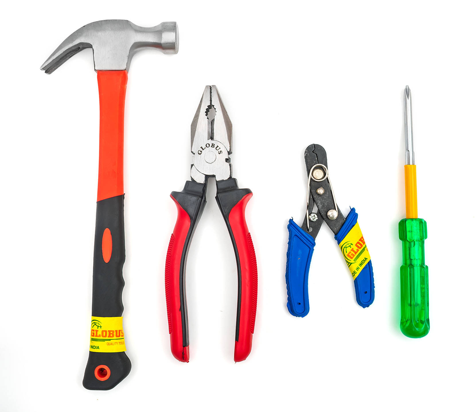     			Globus 1627-Curved Claw Hammer with FIBER GLASS Handle and Rubber SHOCK PROOF Grip (0.40 kg)  & COMBINATION PLIER (8"/ 200MM) & Wire Stripper/Cutter(5"/125MM) & SCREWDRIVER TWO-WAY 6INCH (150mm).
