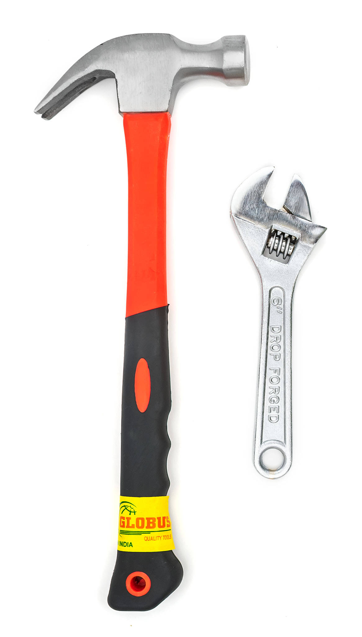     			Globus 1628-Curved Claw Hammer with FIBER GLASS Handle and Rubber SHOCK PROOF Grip (0.40 kg) and Adjustable Wrench/ Spanner Chrome Finish (6 inch / 150mm ).