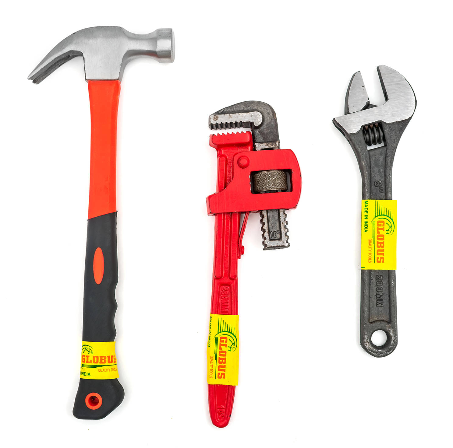     			Globus 1630-Curved Claw Hammerwith FIBER GLASS Handle and Rubber SHOCK PROOF Grip (0.40 kg) & STILLSON PIPE WRENCH/SPANNER ADJUSTABLE 10"/250MM & Adjustable Wrench BLACK (8"/200mm) Open End Wrench Single Tool for Tightening and Loosening Nuts Bolts.