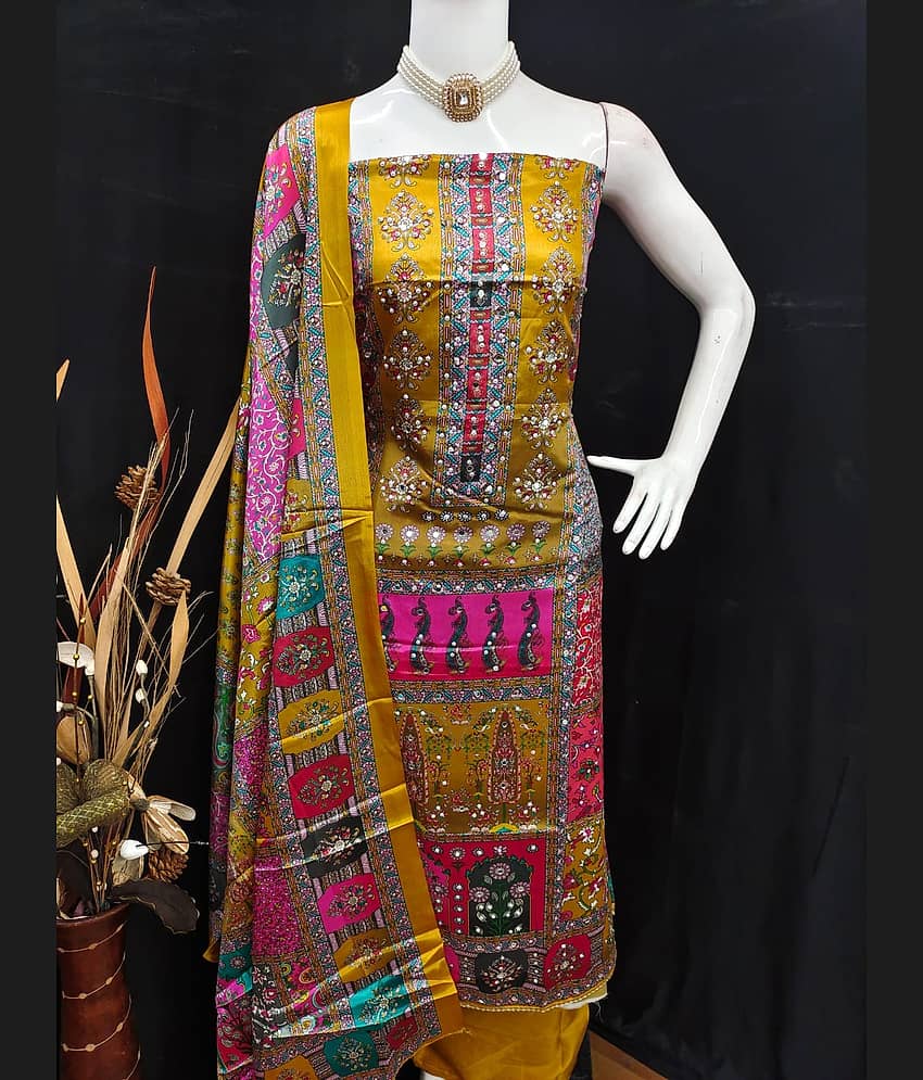 HL SILKMILLS Women Silk Blend Unstitched Dress Material ( Yellow ) - Unstitched Fabrics | Buy online on ZillyBuy