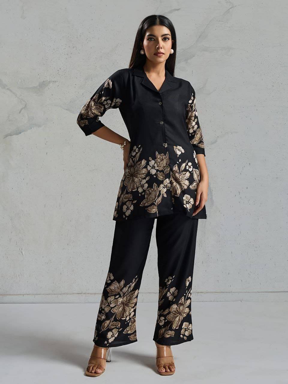     			Herin Enterprise Women Printed Shirt With Palazzos Co-Ord Set ( Black )